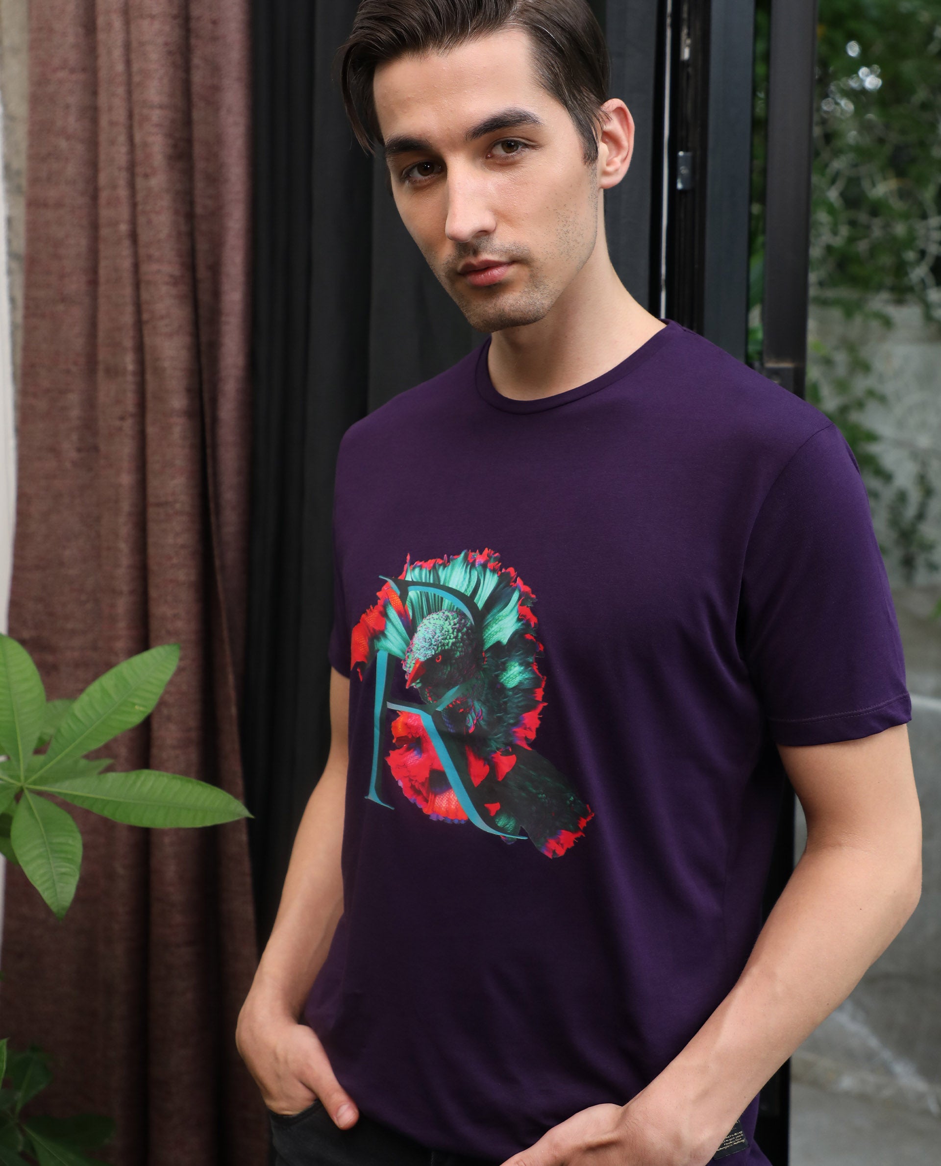 Rare Rabbit Men's Ciliva PurpleCrew Neck Abstract Graphic Printed Half Sleeves Slim Fit T-Shirt