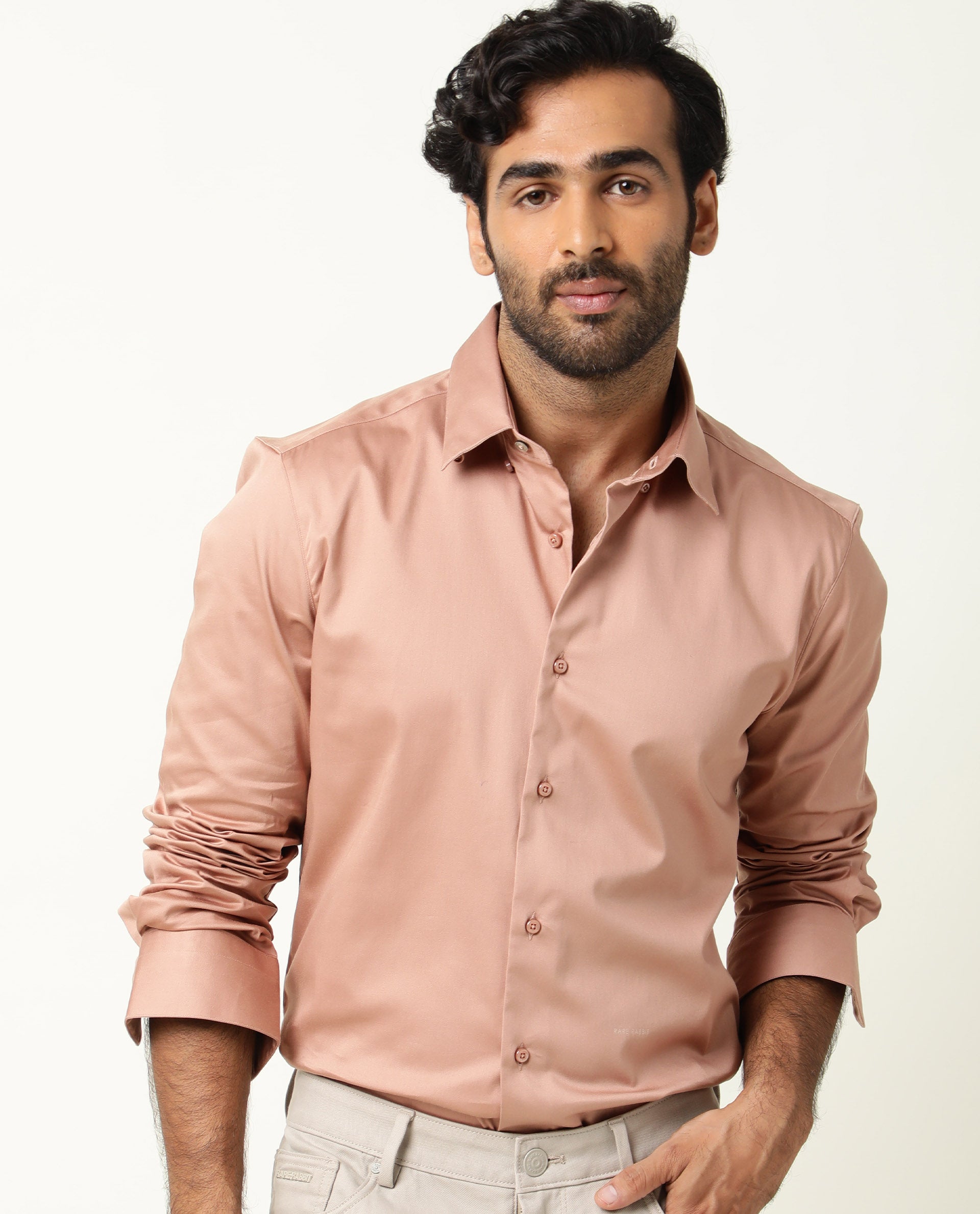 Rare Rabbit Men's Como Peach Satin Fabric Button Down Collar Full Sleeves Solid Formal Shirt
