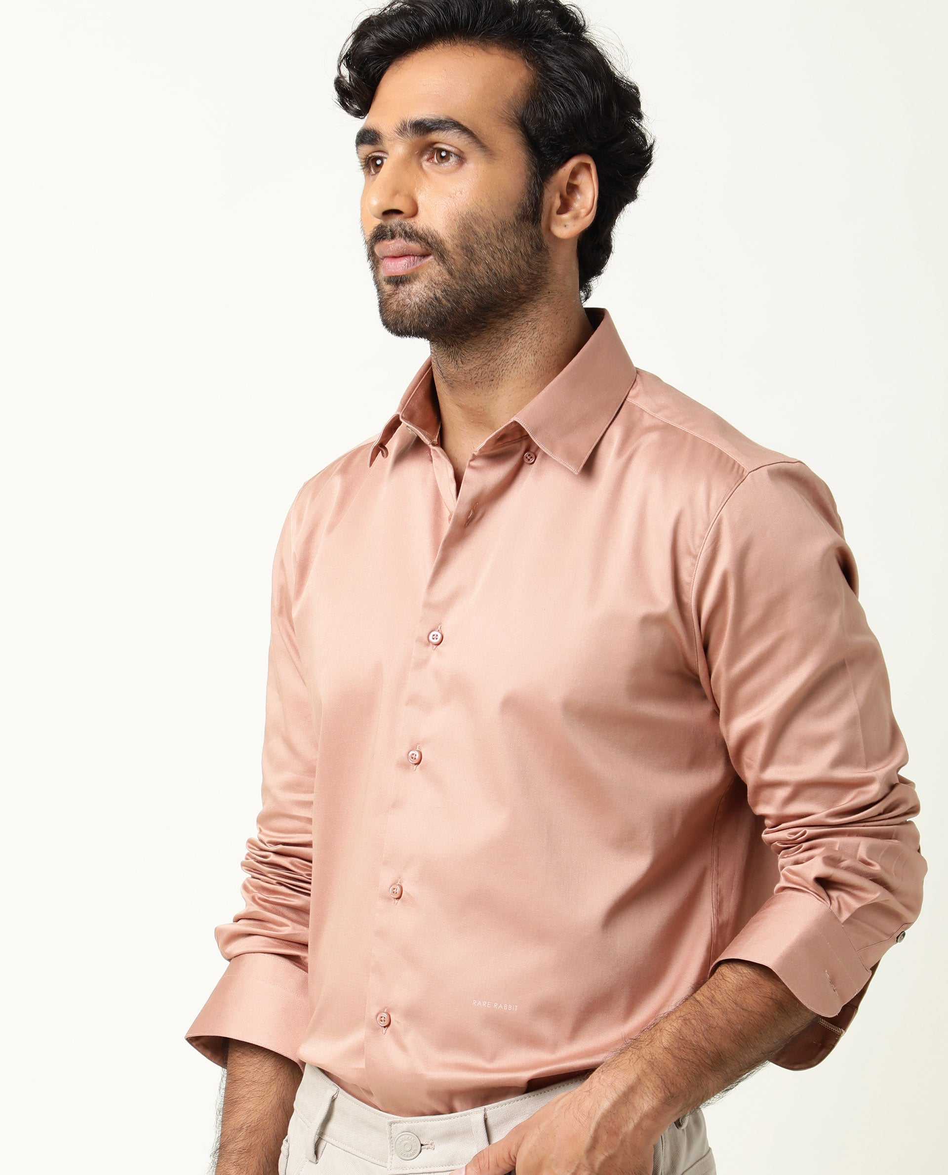 Rare Rabbit Men's Como Peach Satin Fabric Button Down Collar Full Sleeves Solid Formal Shirt