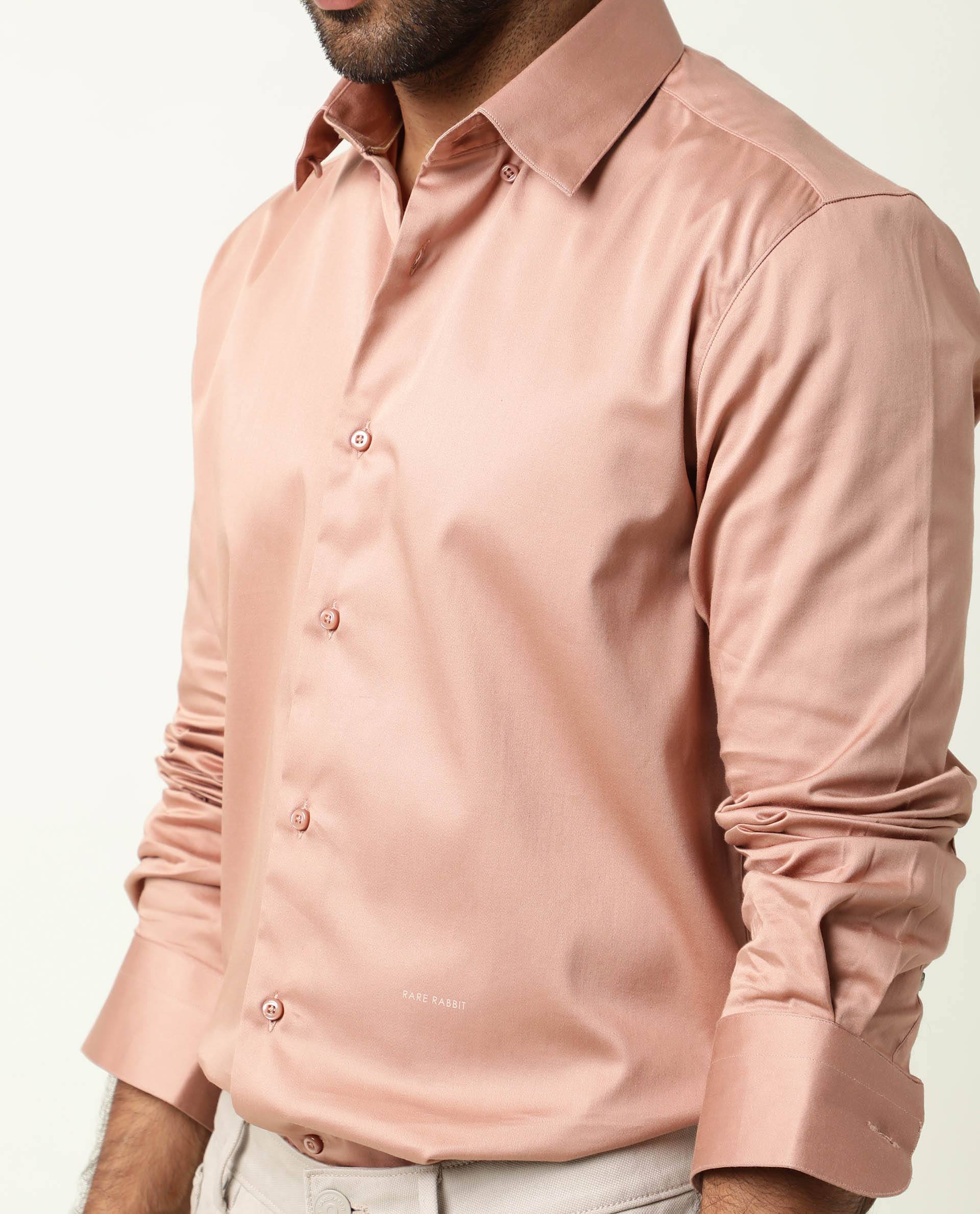 Rare Rabbit Men's Como Peach Satin Fabric Button Down Collar Full Sleeves Solid Formal Shirt
