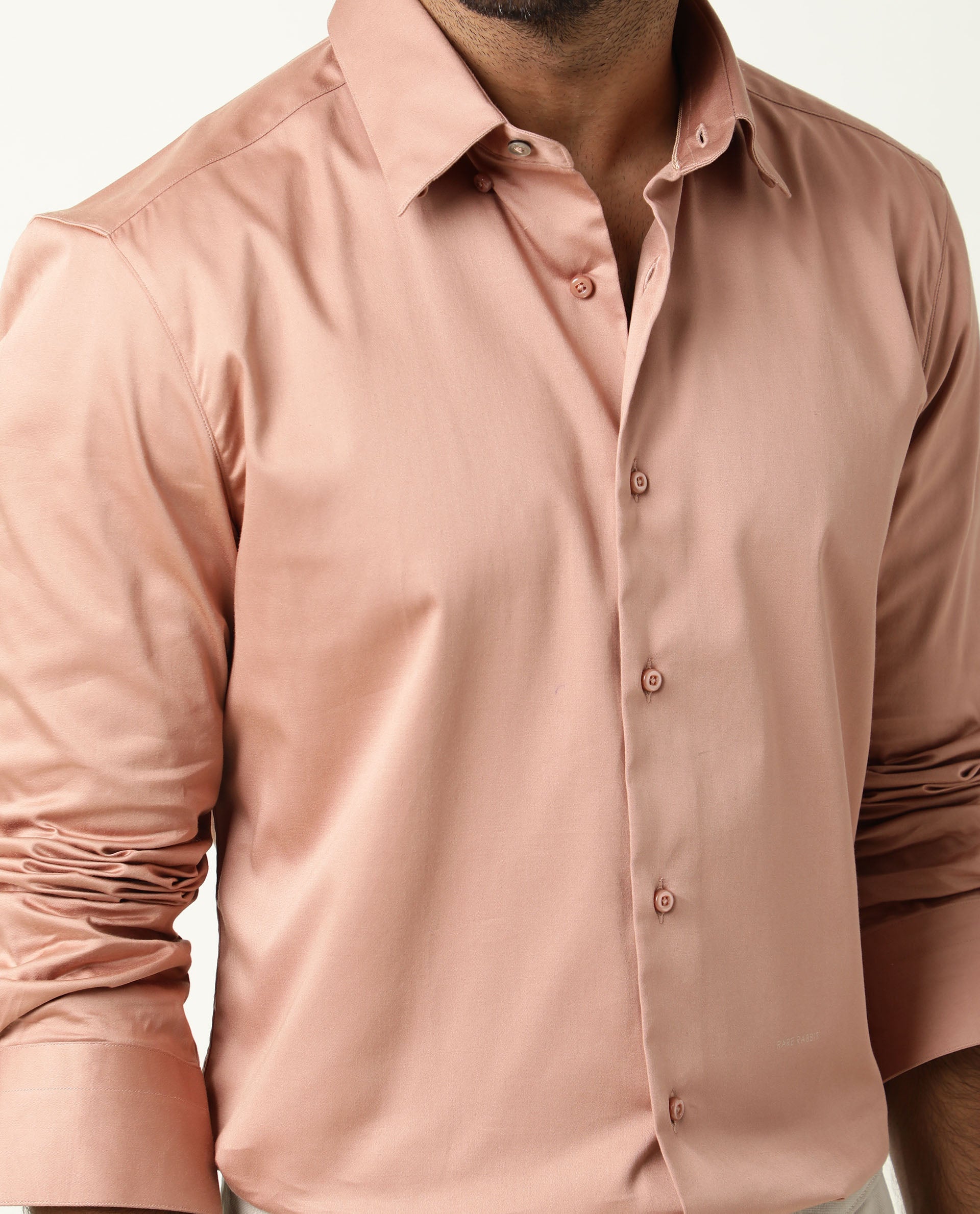 Rare Rabbit Men's Como Peach Satin Fabric Button Down Collar Full Sleeves Solid Formal Shirt