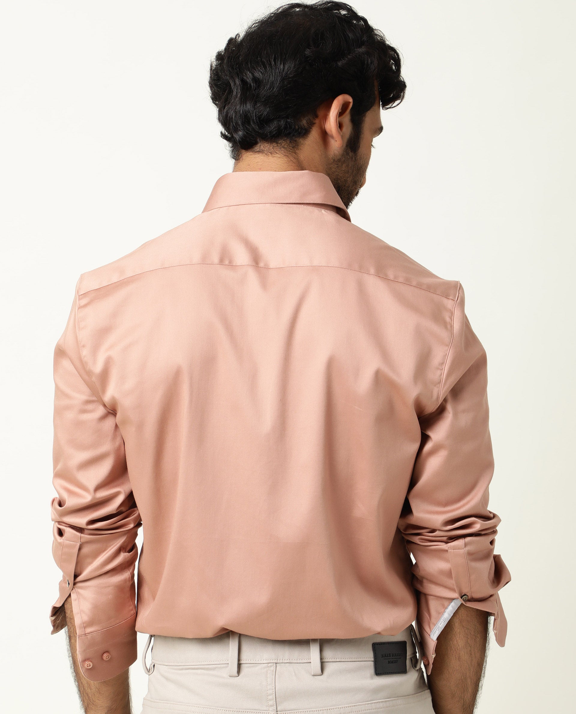 Rare Rabbit Men's Como Peach Satin Fabric Button Down Collar Full Sleeves Solid Formal Shirt