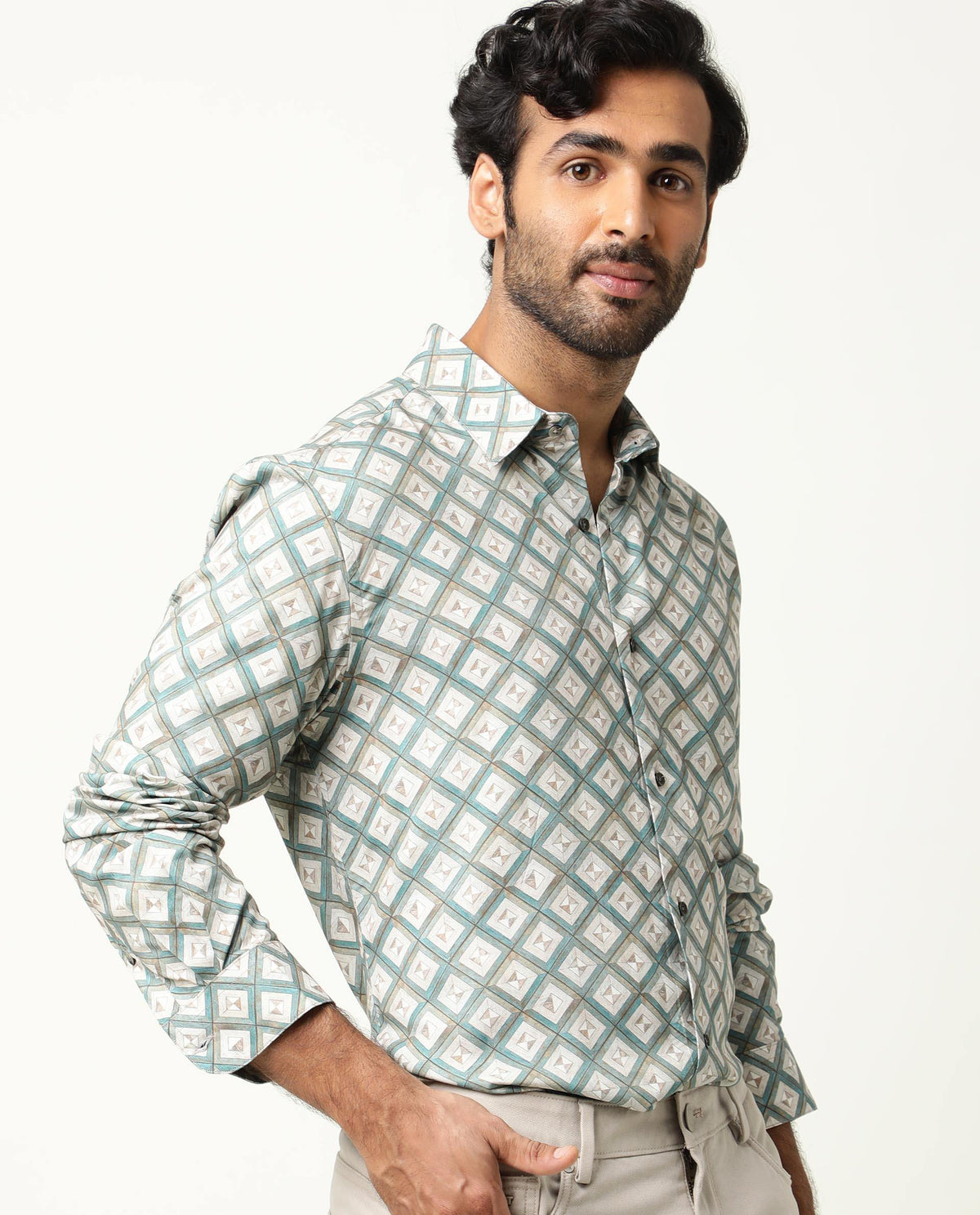RARE RABBIT MEN'S COMPTER GREEN SHIRT VISCOSE FABRIC COLLARED NECK FULL SLEEVES BUTTON CLOSURE SLIM FIT