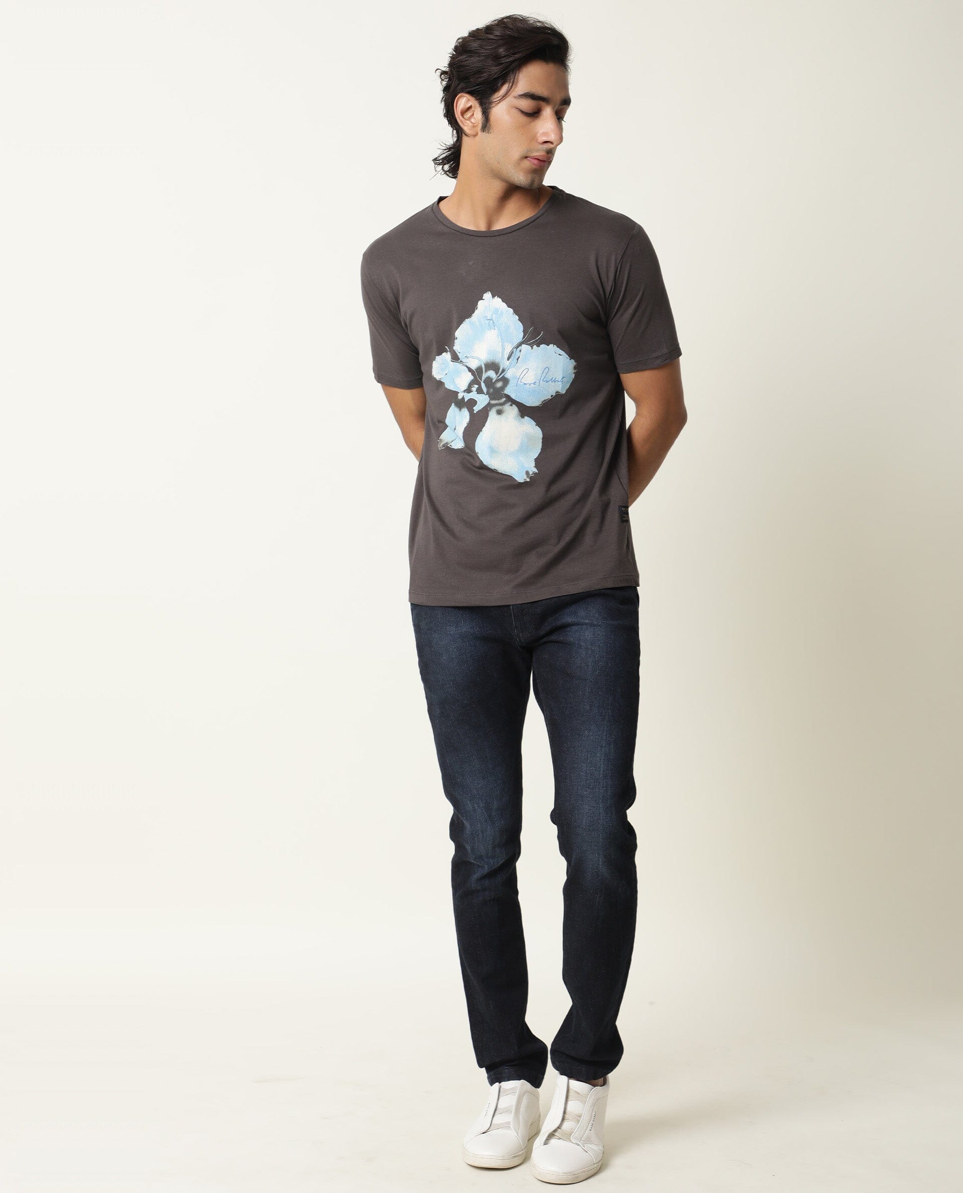 Rare Rabbit Men's Floas Dark Grey Crew Neck Half Sleeves Floral Graphic Print Slim Fit T-Shirt