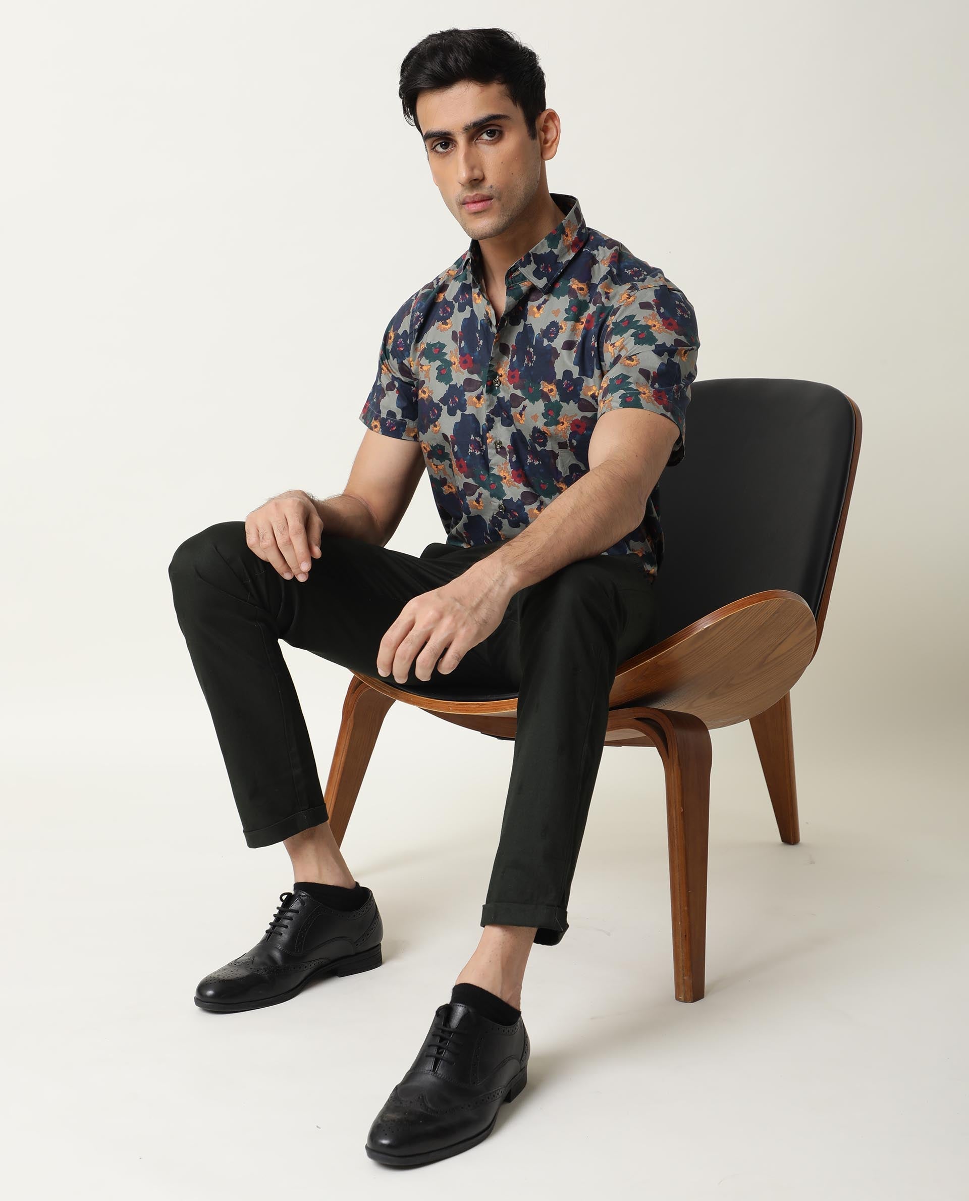 Rare Rabbit Men's Vishh Green Poplin Floral Printed Half Sleeves Shirt