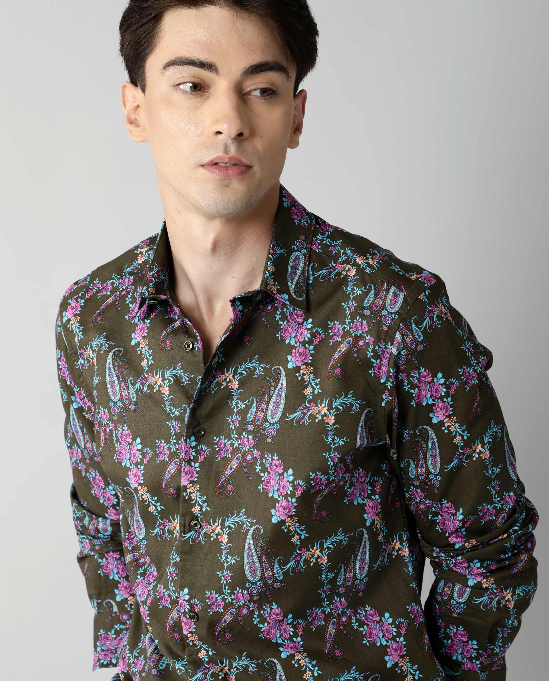 Rare Rabbit Davos Primary Olive Shirt Cotton Fabric Full Sleeve Spread Collar Slim Fit