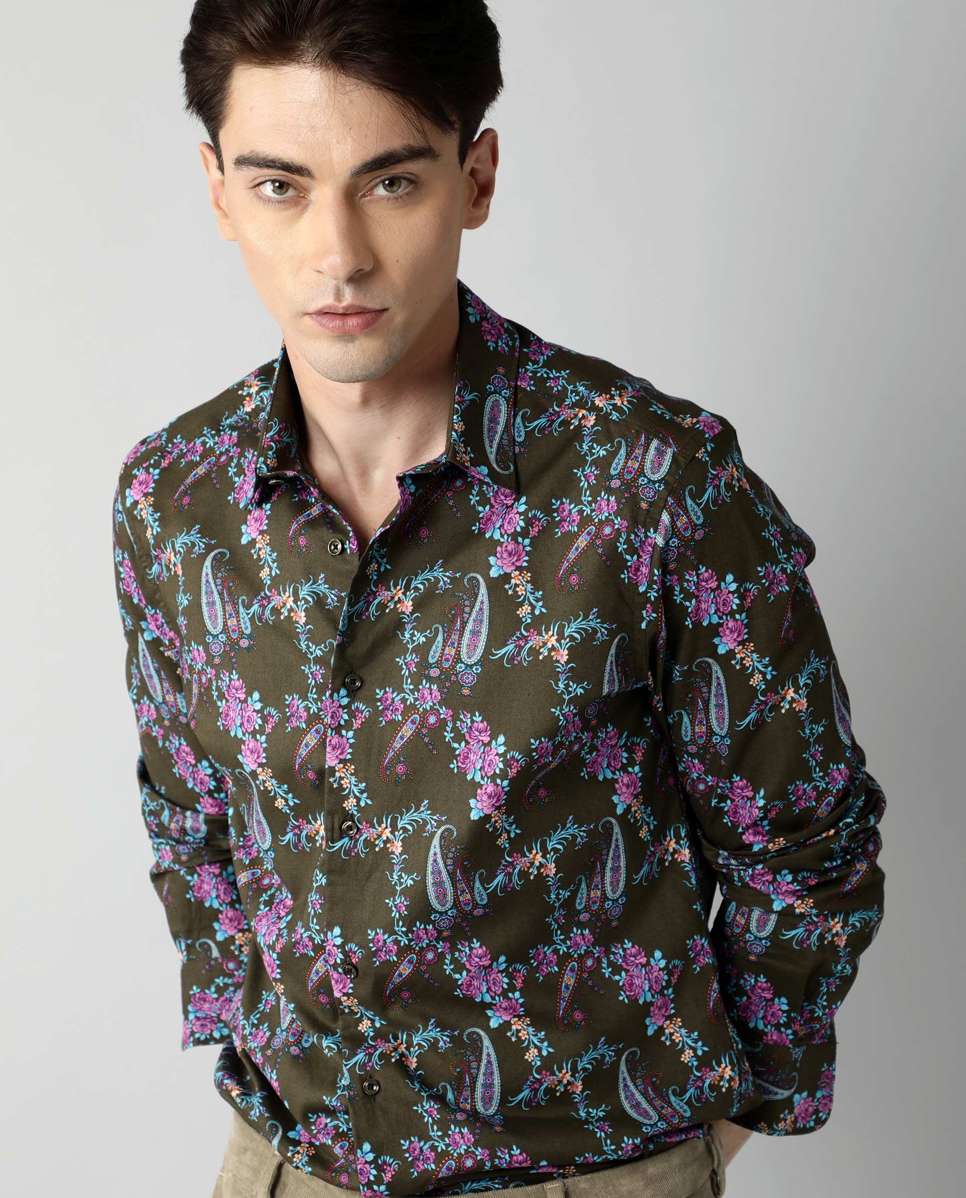 Rare Rabbit Davos Primary Olive Shirt Cotton Fabric Full Sleeve Spread Collar Slim Fit