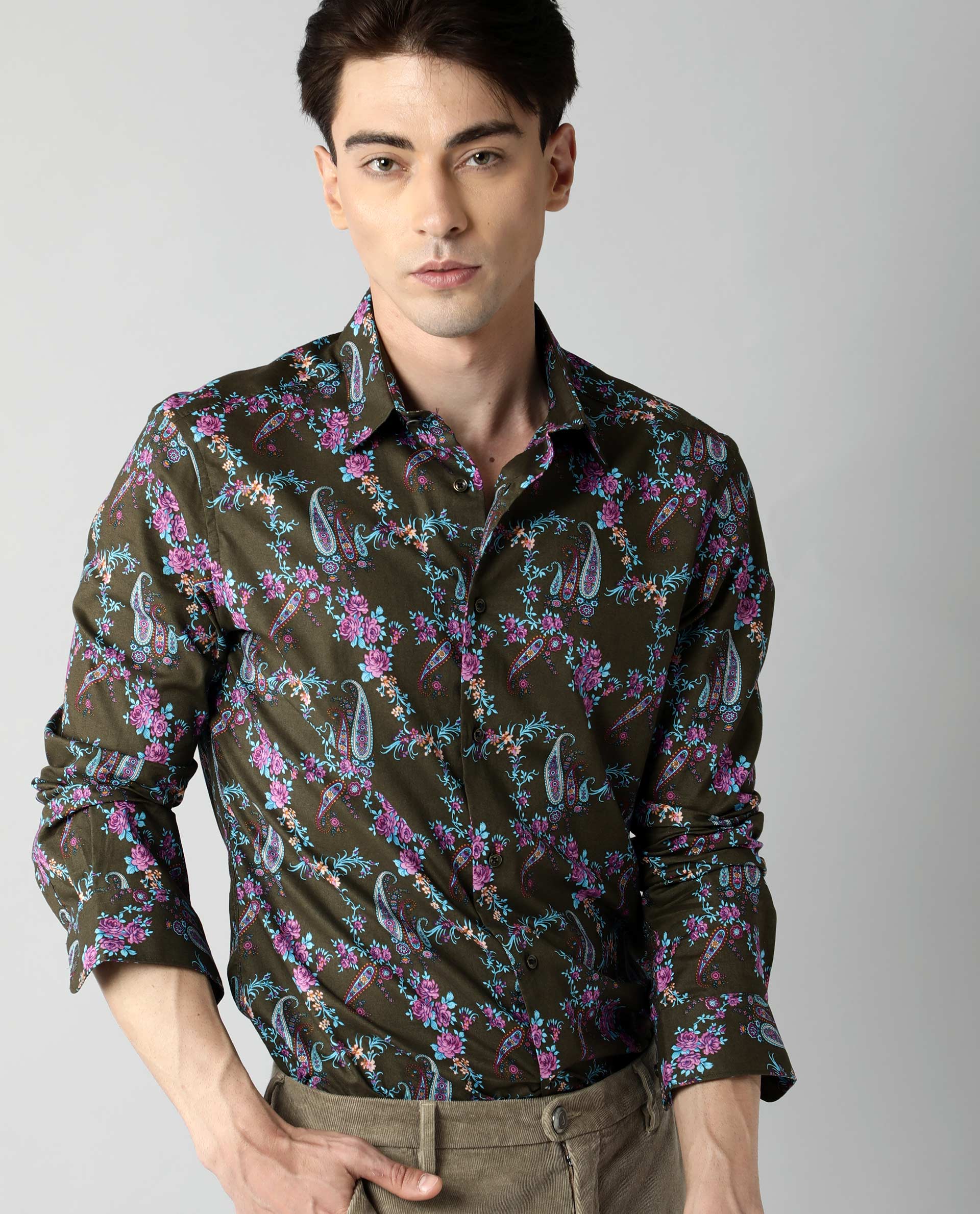 Rare Rabbit Davos Primary Olive Shirt Cotton Fabric Full Sleeve Spread Collar Slim Fit