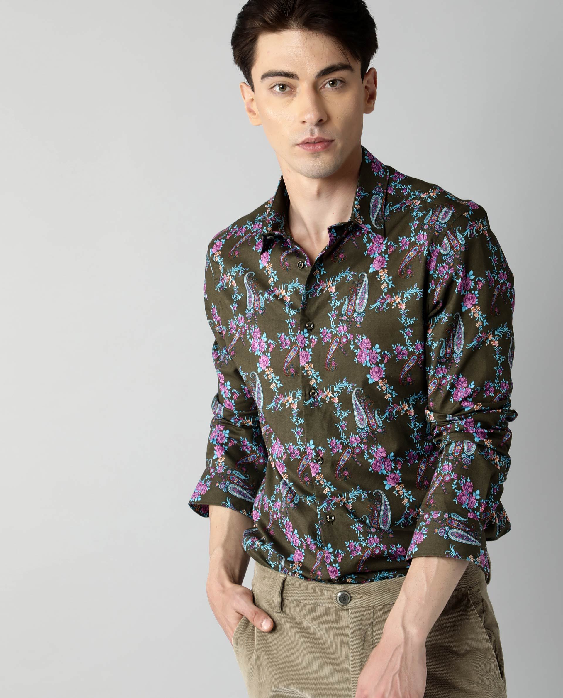 Rare Rabbit Davos Primary Olive Shirt Cotton Fabric Full Sleeve Spread Collar Slim Fit