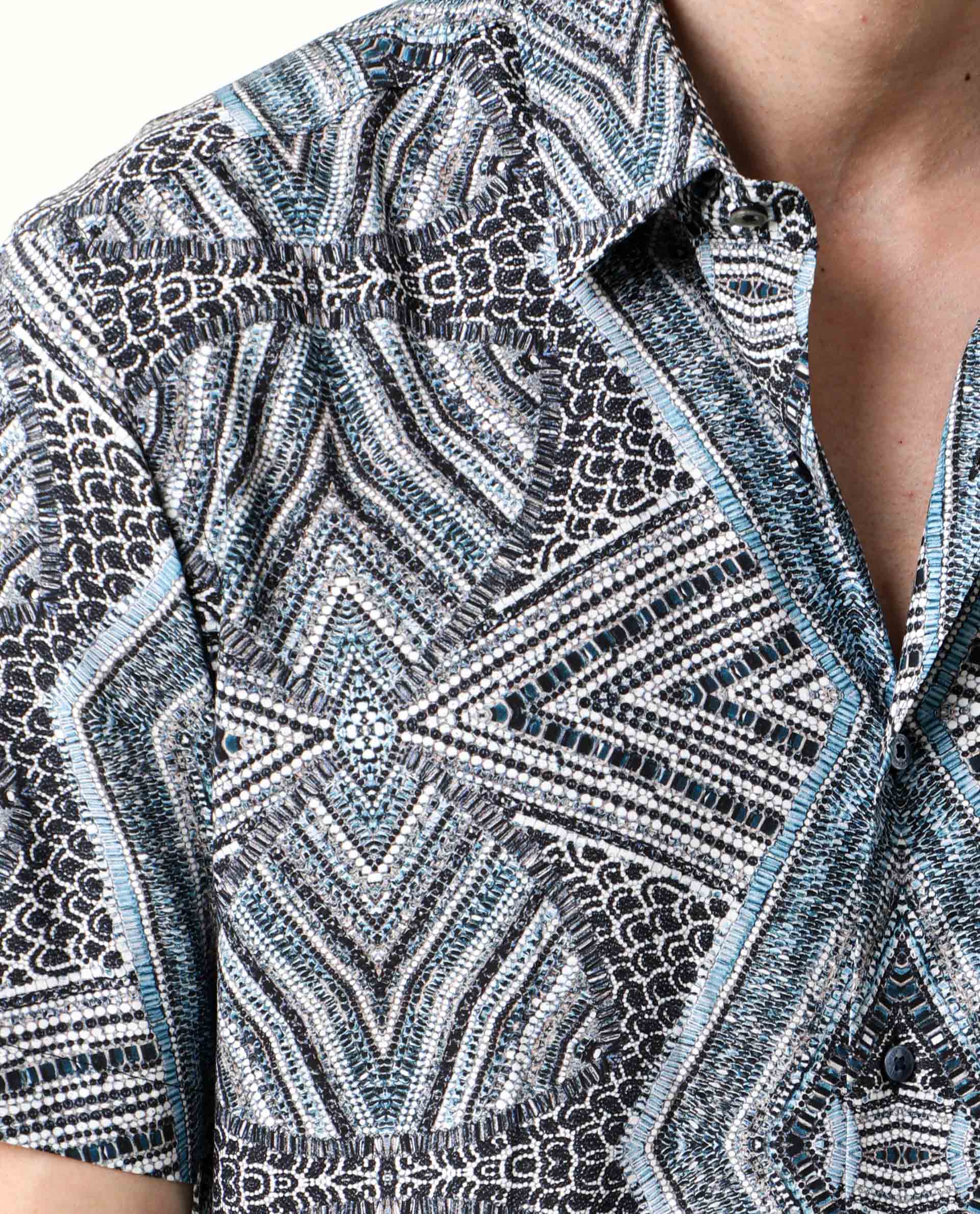 RARE RABBIT MEN'S DION BLUE SHIRT VISCOSE FABRIC COLLARED NECK HALF SLEEVES BUTTON CLOSURE SLIM FIT