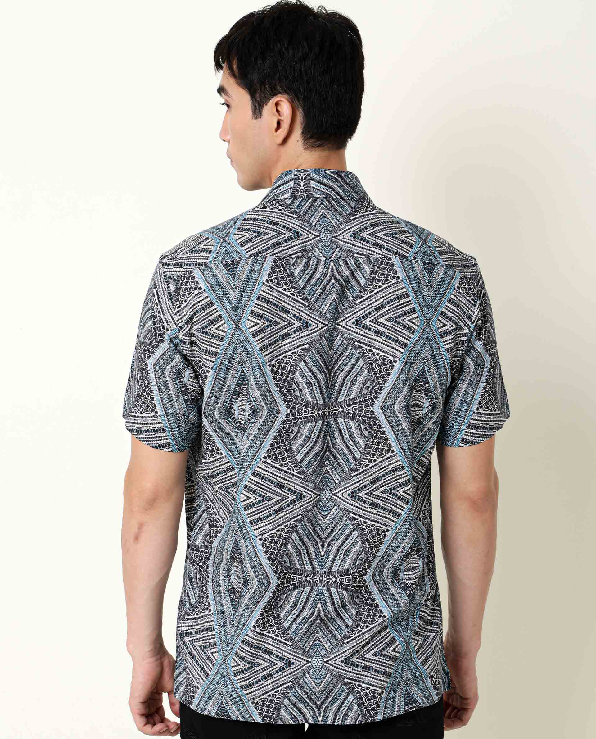 RARE RABBIT MEN'S DION BLUE SHIRT VISCOSE FABRIC COLLARED NECK HALF SLEEVES BUTTON CLOSURE SLIM FIT