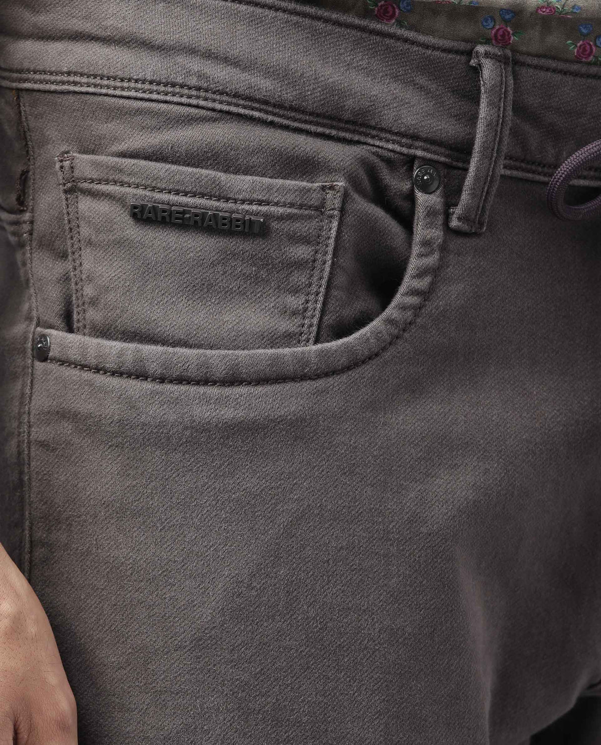Rare Rabbit Men'S Drake Brown Garment Dyed Mid-Rise Drawstring Regular Fit Jeans