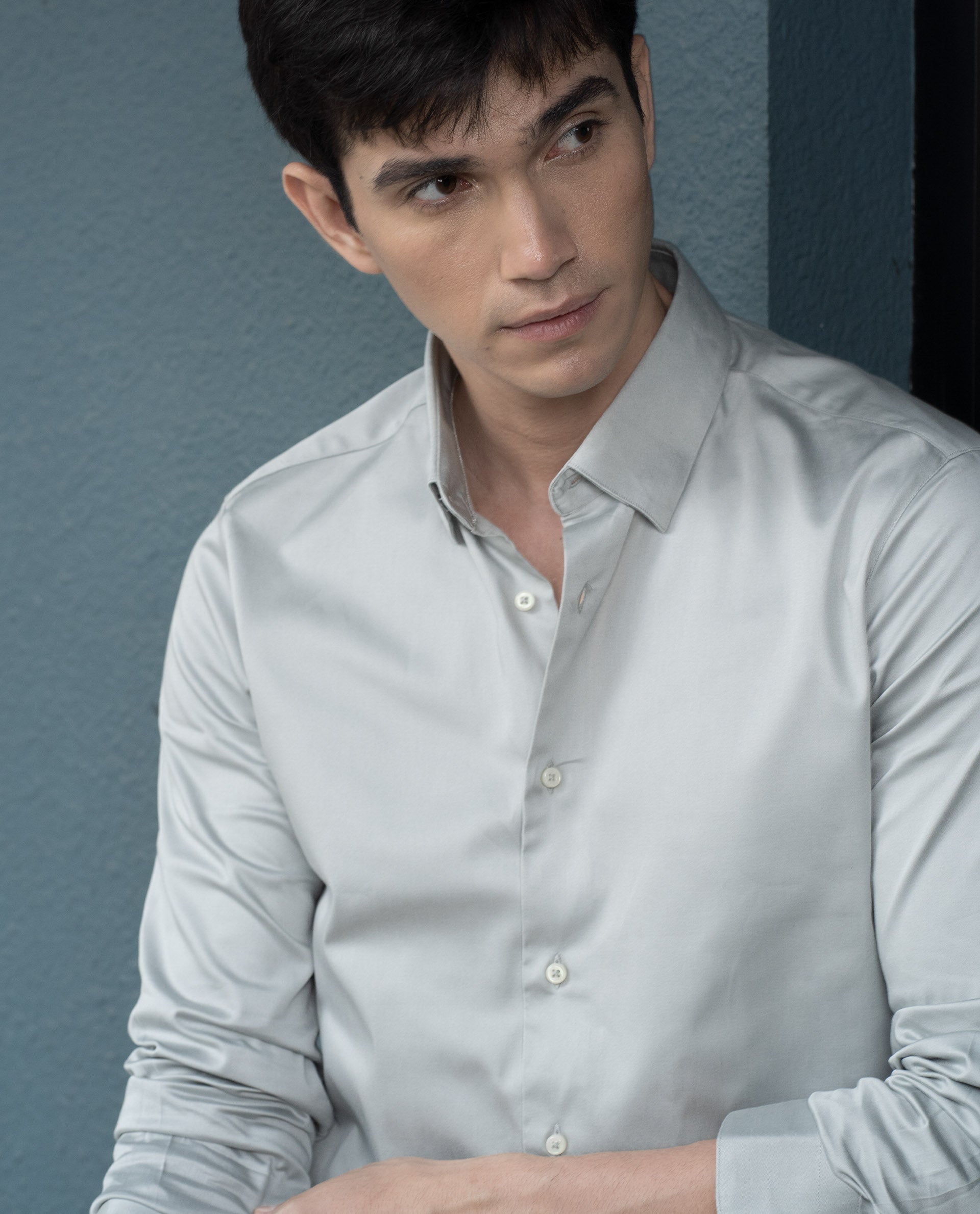 Rare Rabbit Men's Como Grey Satin Fabric Button Down Collar Full Sleeves Solid Formal Shirt