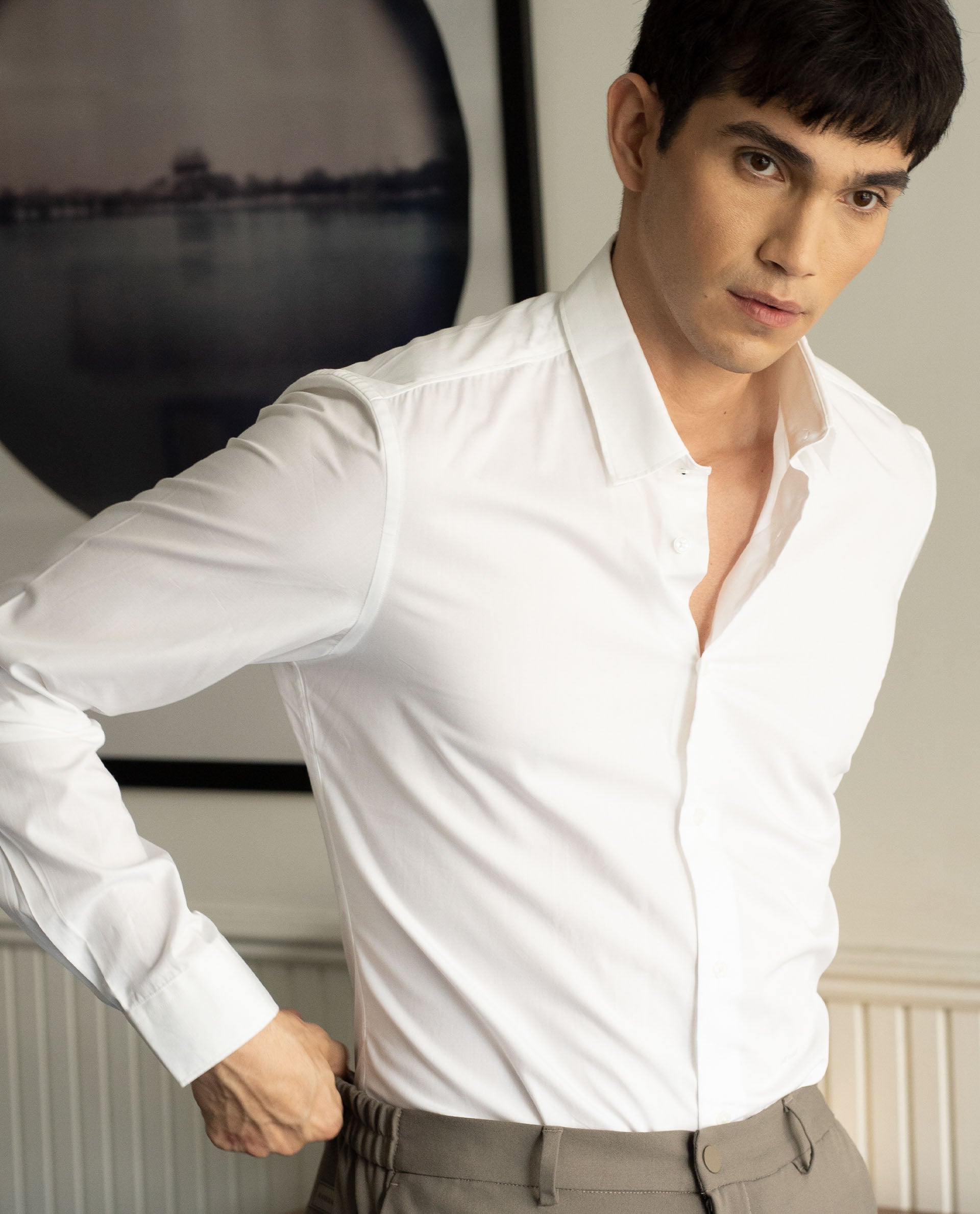 RARE RABBIT MEN'S NEUTRONS WHITE SHIRT COTTON POLYESTER FABRIC COLLARED NECK FULL SLEEVES BUTTON CLOSURE SLIM FIT