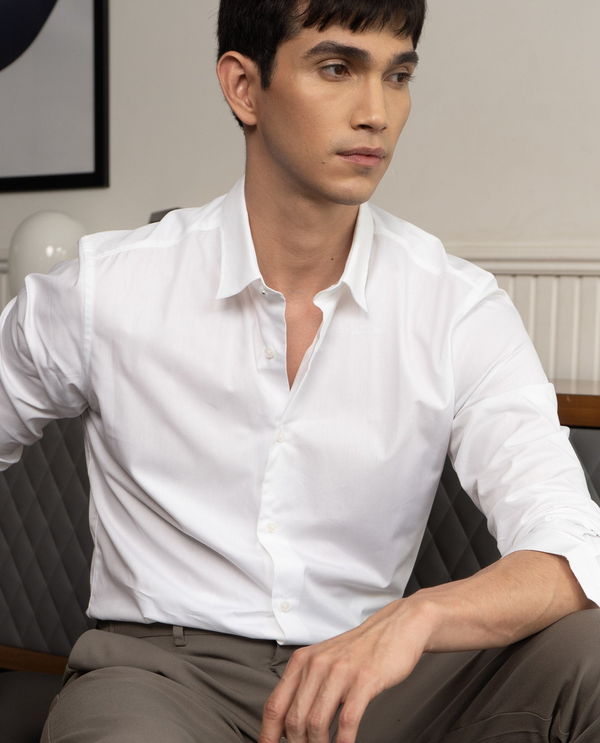 RARE RABBIT MEN'S NEUTRONS WHITE SHIRT COTTON POLYESTER FABRIC COLLARED NECK FULL SLEEVES BUTTON CLOSURE SLIM FIT