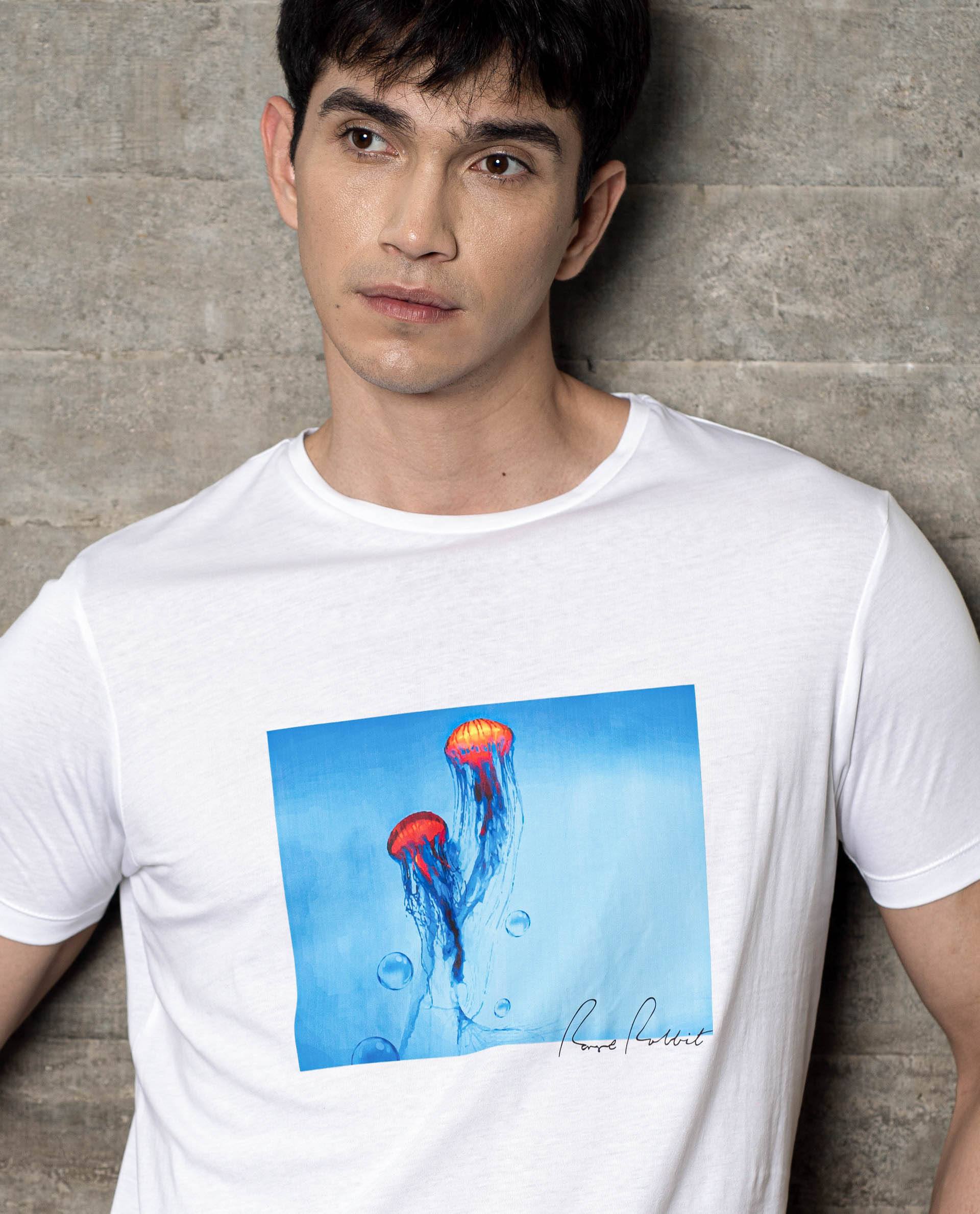 Rare Rabbit Men's Brad White Crew Neck Discharge Graphic Print Half Sleeves Regular Fit T-Shirt