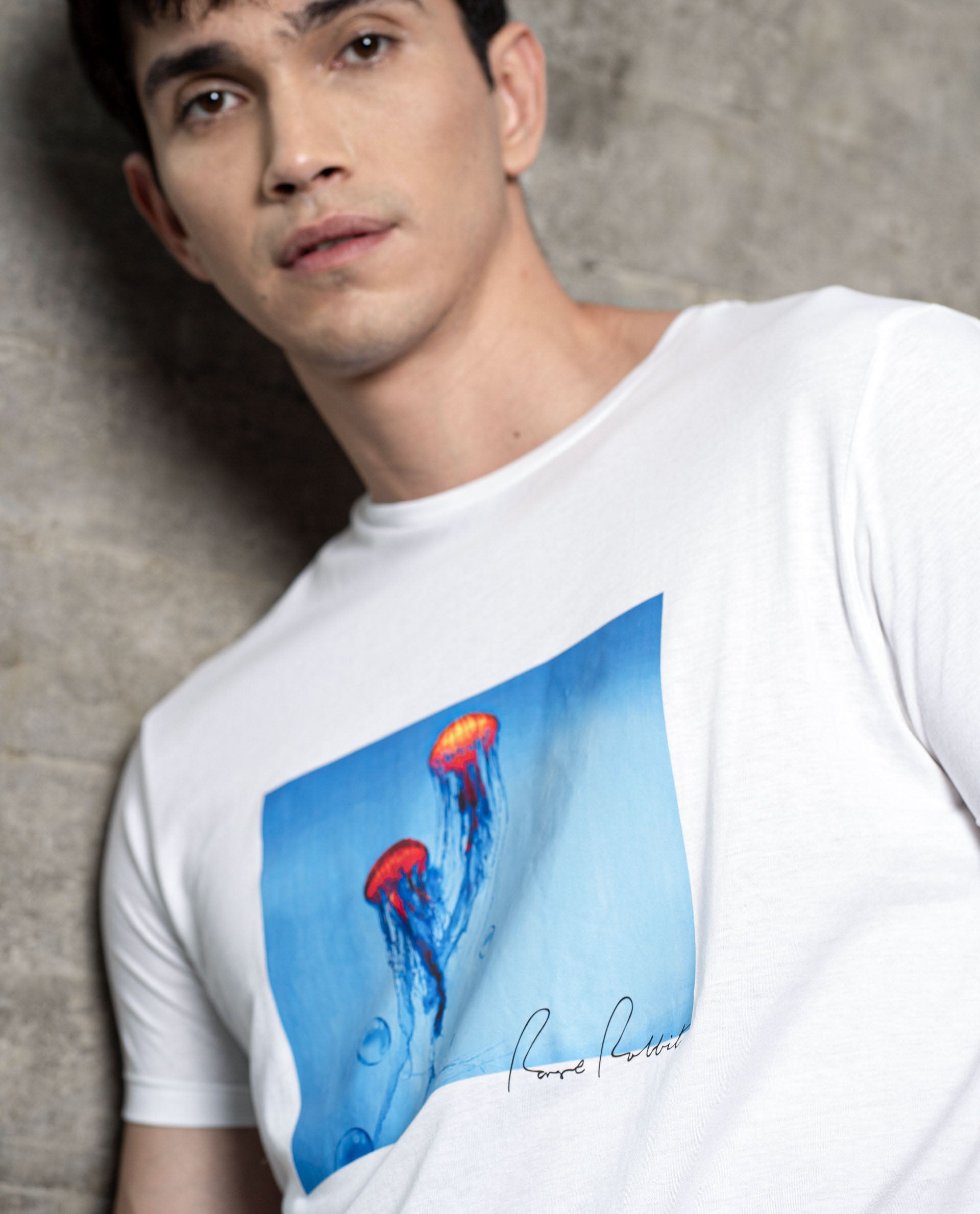 Rare Rabbit Men's Brad White Crew Neck Discharge Graphic Print Half Sleeves Regular Fit T-Shirt