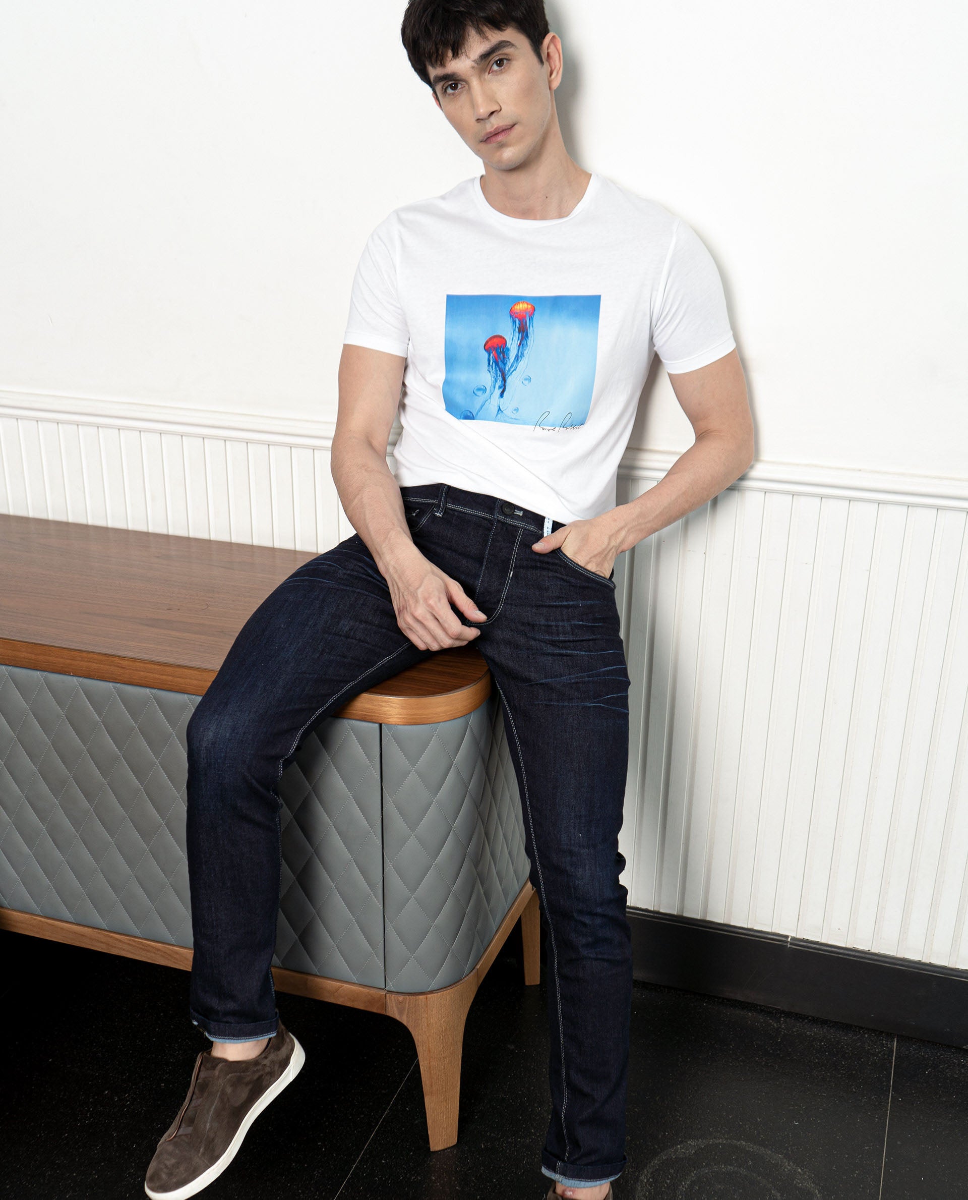 Rare Rabbit Men's Brad White Crew Neck Discharge Graphic Print Half Sleeves Regular Fit T-Shirt