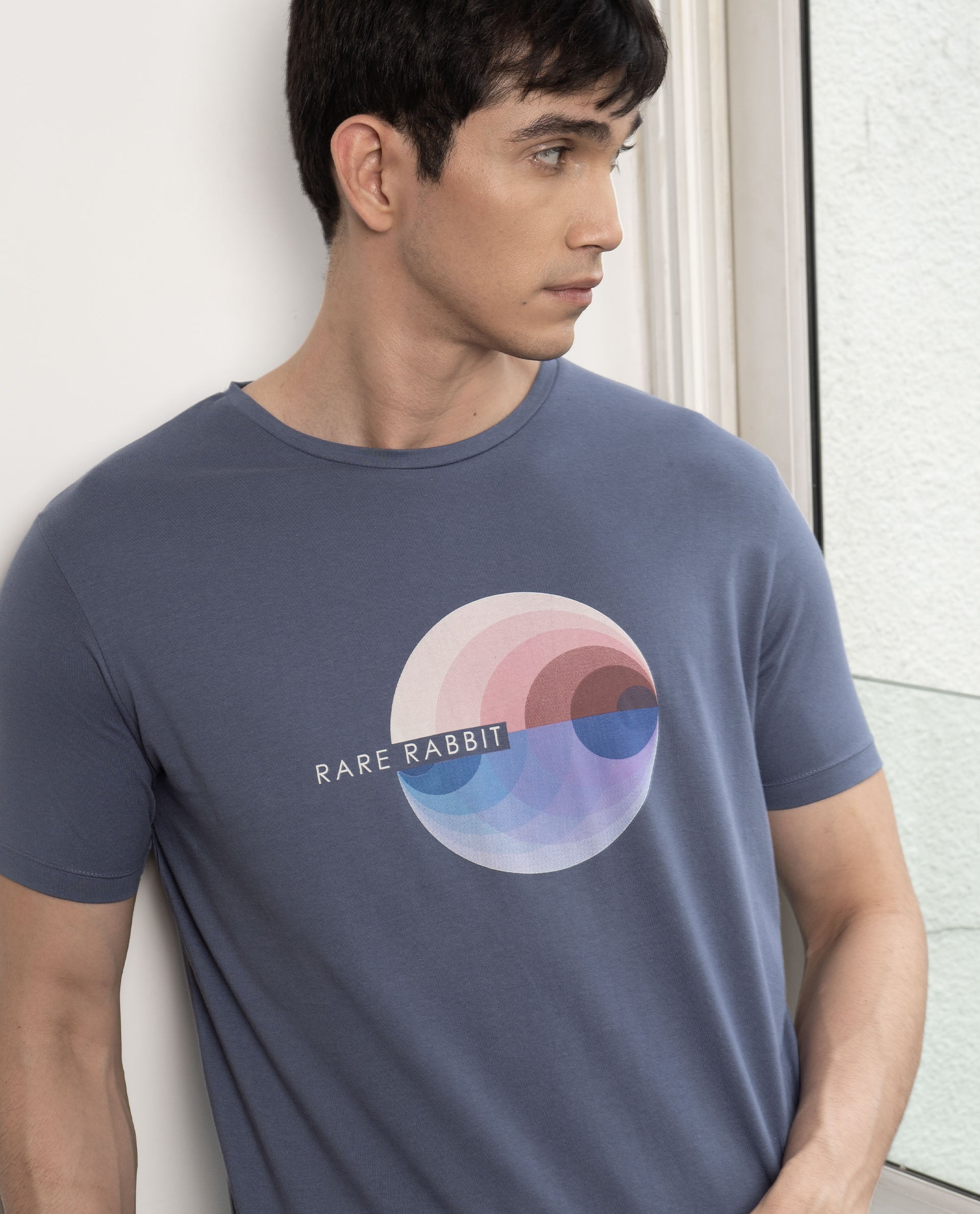 Rare Rabbit Men's View Blue Crew Neck Graphic Printed Half Sleeves Slim Fit T-Shirt