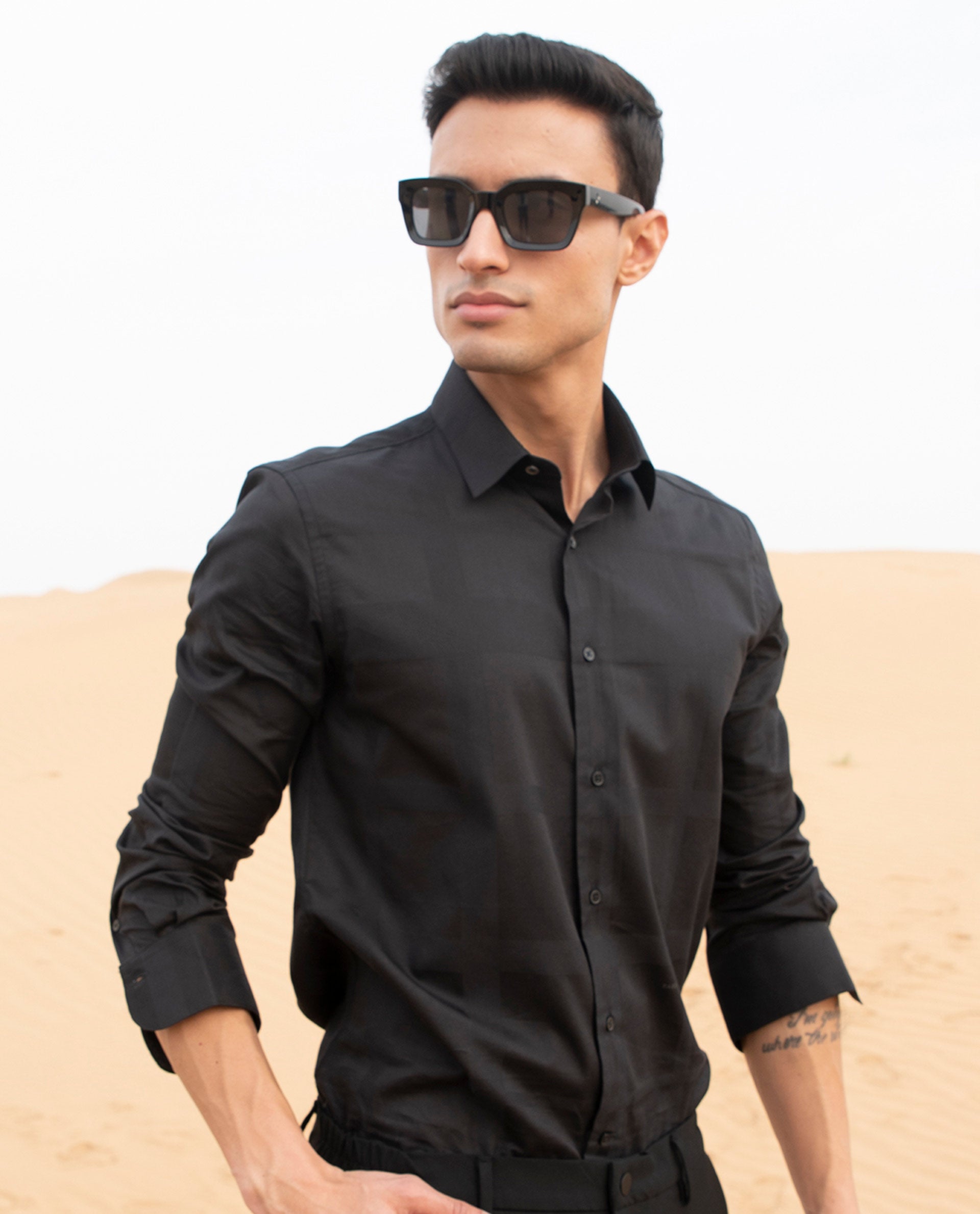 Rare Rabbit Men's Boxline Black Cotton Lyocell Fabric Full Sleeves Checks Print Shirt