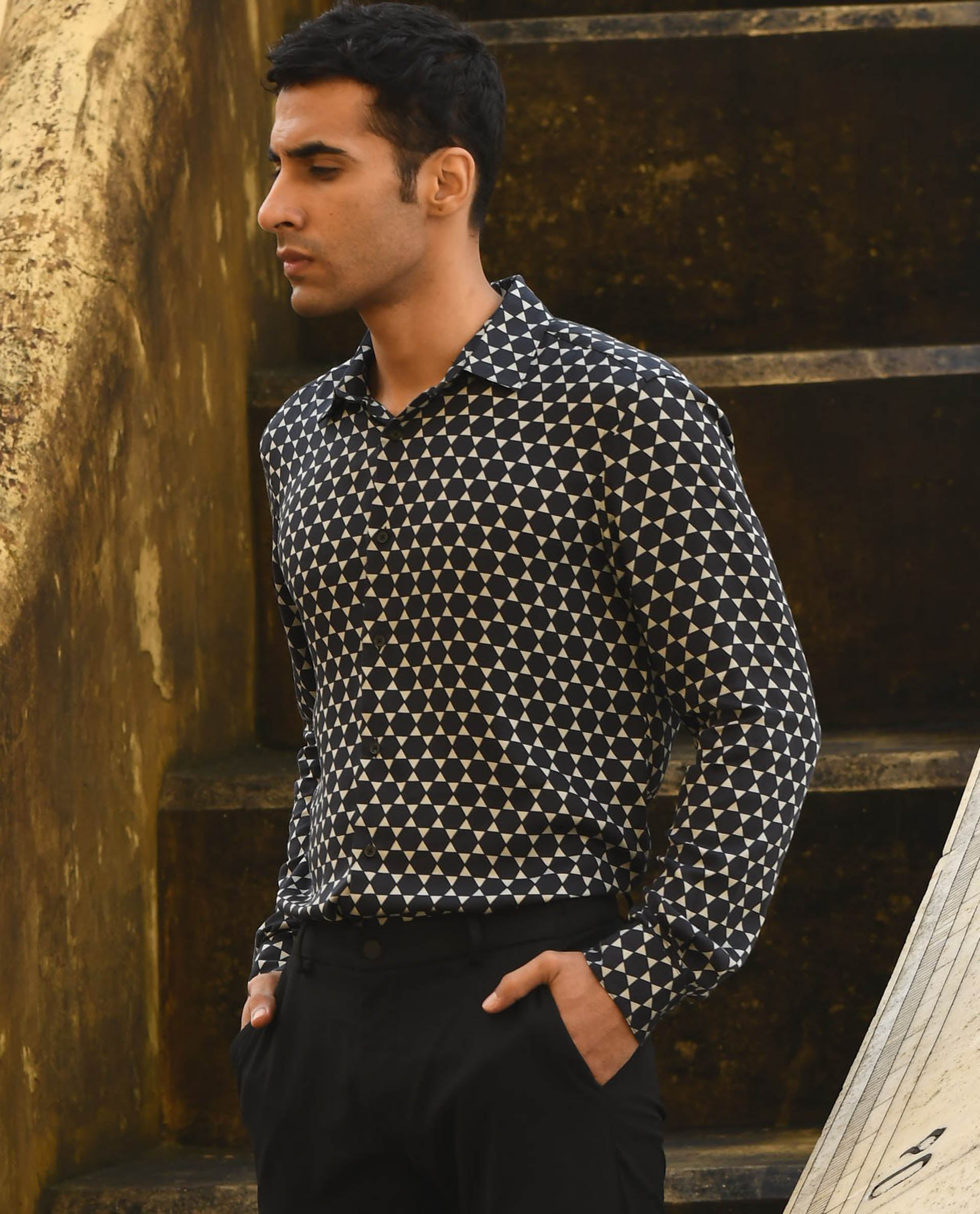 Rare Rabbit Men's Hexa Black Modal Fabric Geometric Print Full Sleeves Shirt
