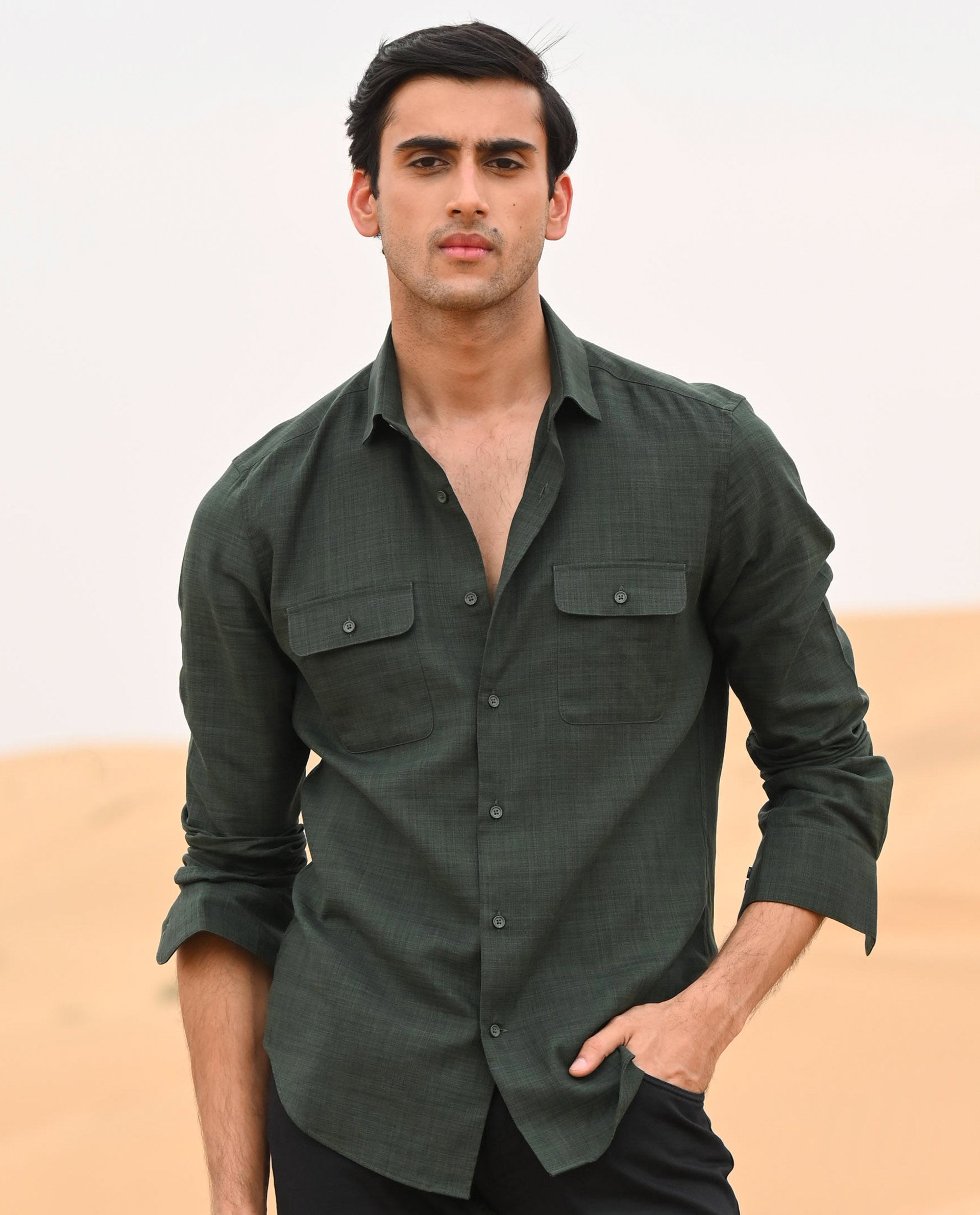 Rare Rabbit Men's Safa Olive Cotton Lyocell Fabric Full Sleeves Solid Shirt