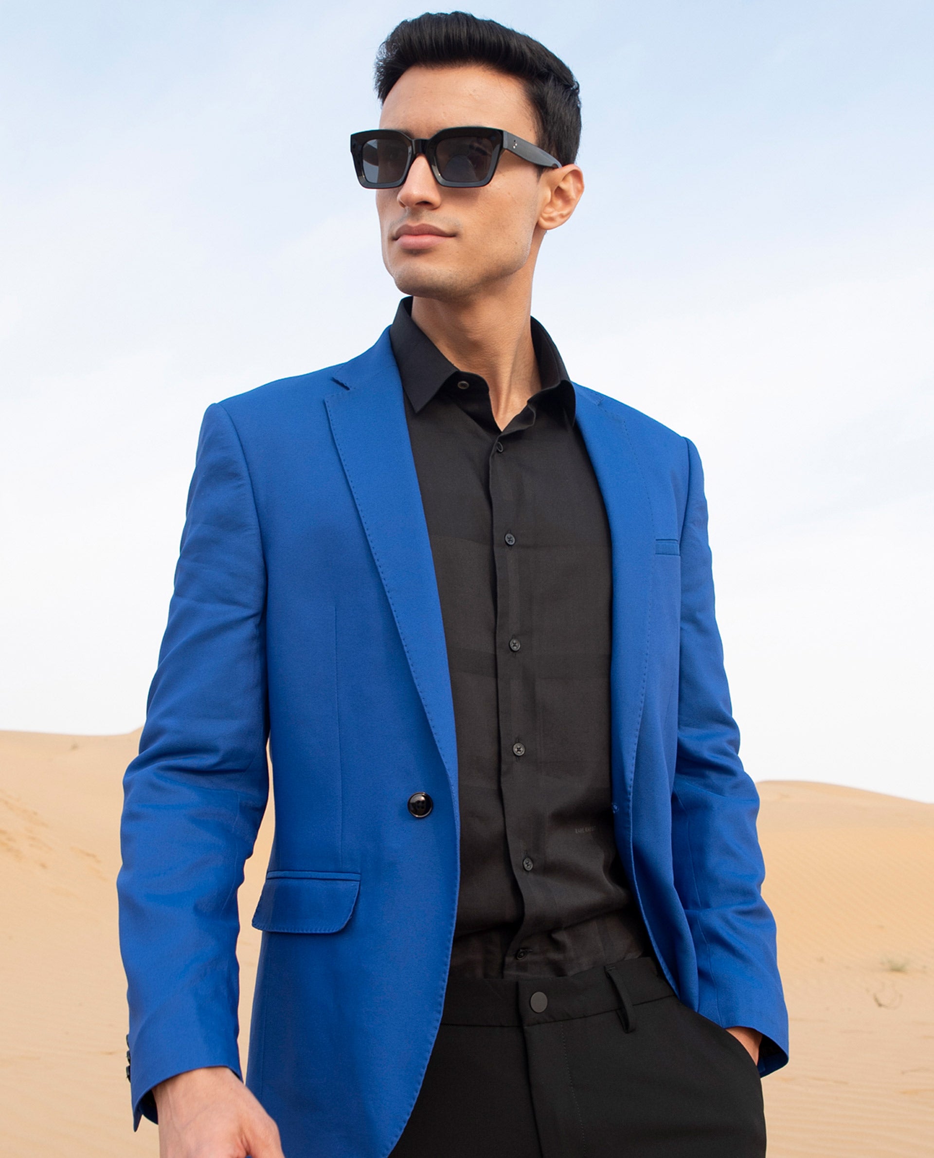 Rare Rabbit Men's Bart Blue Polyester Viscose Fabric Notch Lapel Single Breasted Tailored Fit Solid Blazer