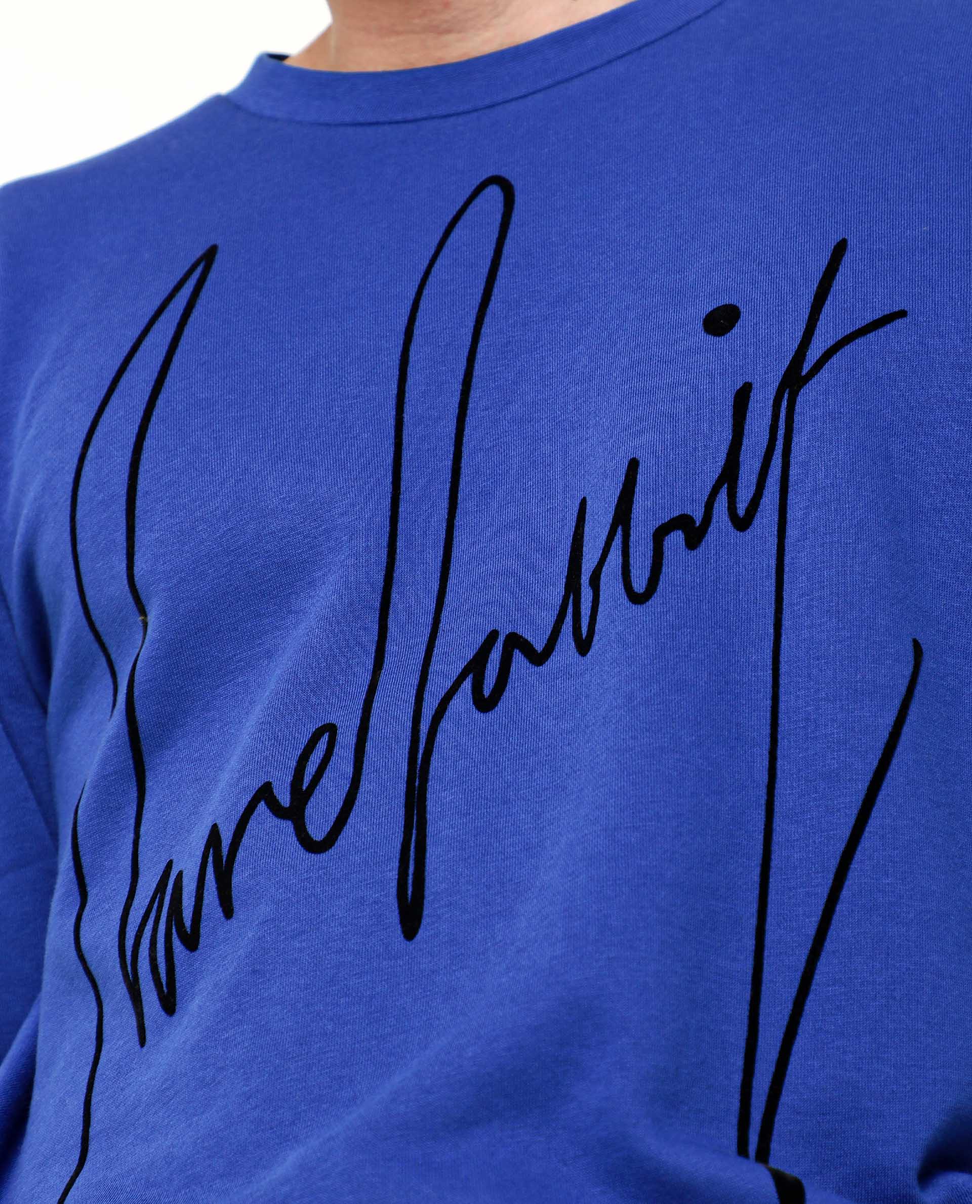 Rare Rabbit Men's Flocker Fluorescent Blue Cotton Fabric Full Sleeves Signature Branding Sweatshirt
