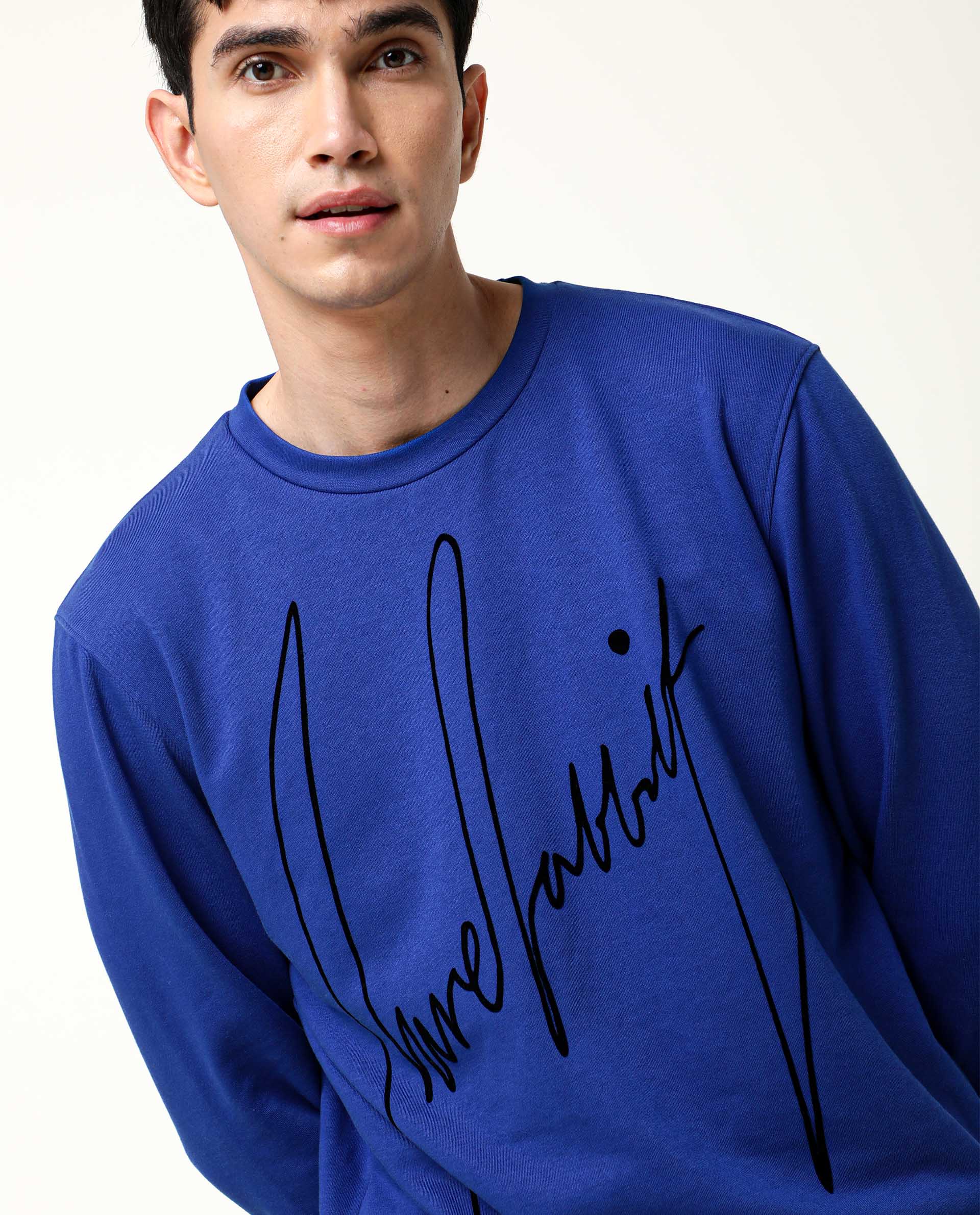 Rare Rabbit Men's Flocker Fluorescent Blue Cotton Fabric Full Sleeves Signature Branding Sweatshirt