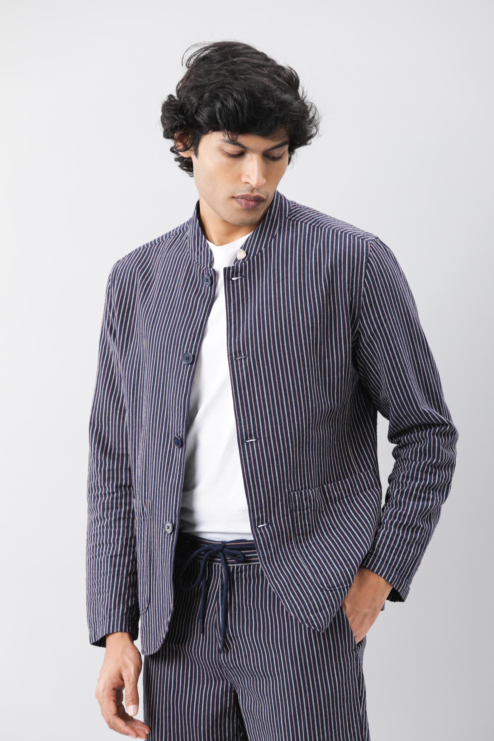 Rare Rabbit Men's Gazel Navy Viscose Polyester Fabric Mandarin Collar Slim Fit Stripe Blazer