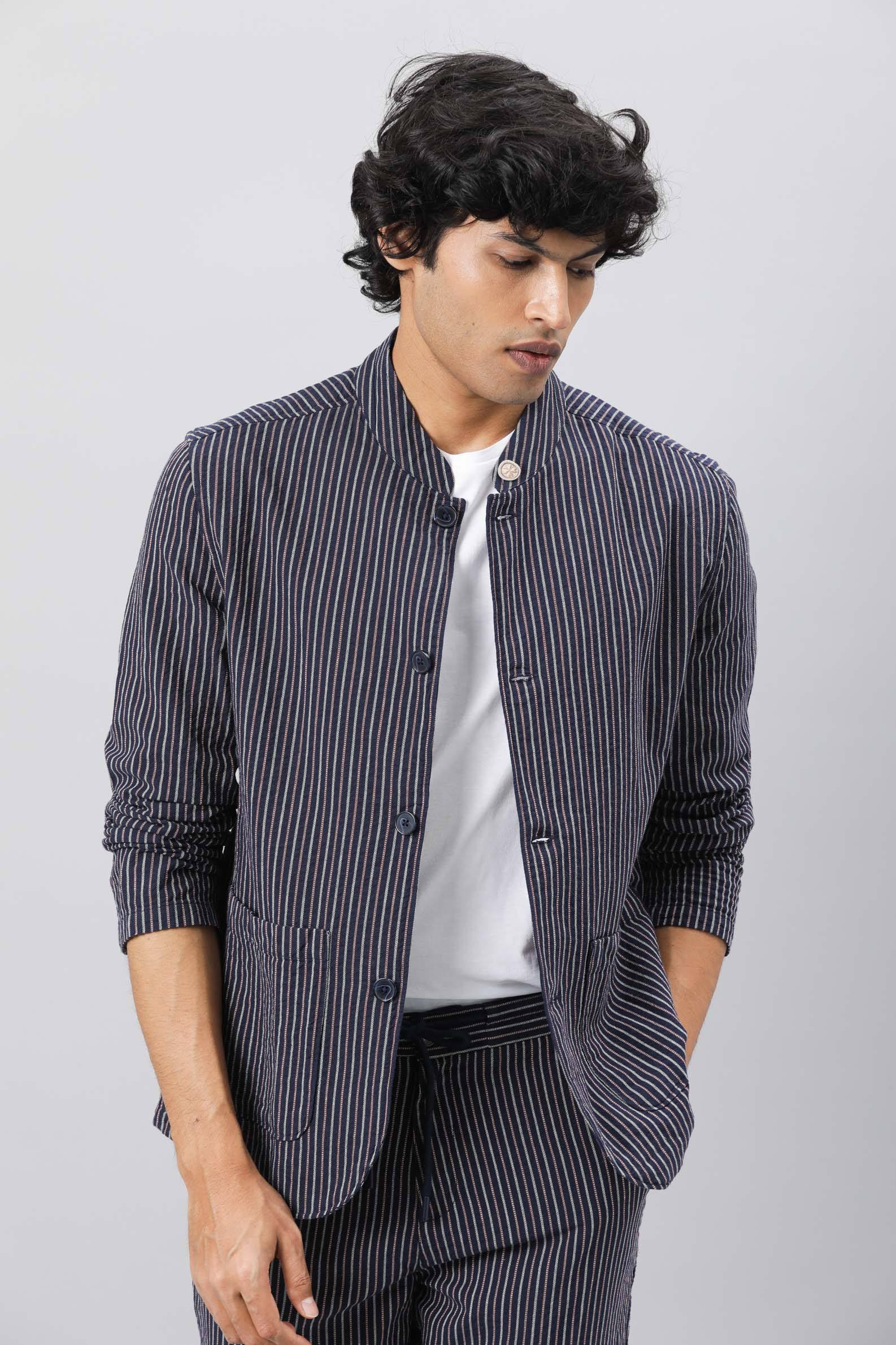 Rare Rabbit Men's Gazel Navy Viscose Polyester Fabric Mandarin Collar Slim Fit Stripe Blazer