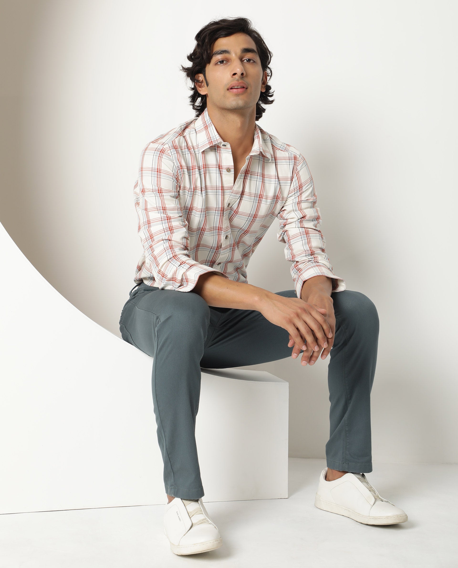 Rare Rabbit Men's Fernie Mustard Orange Fabric Full Sleeves Checks Shirt