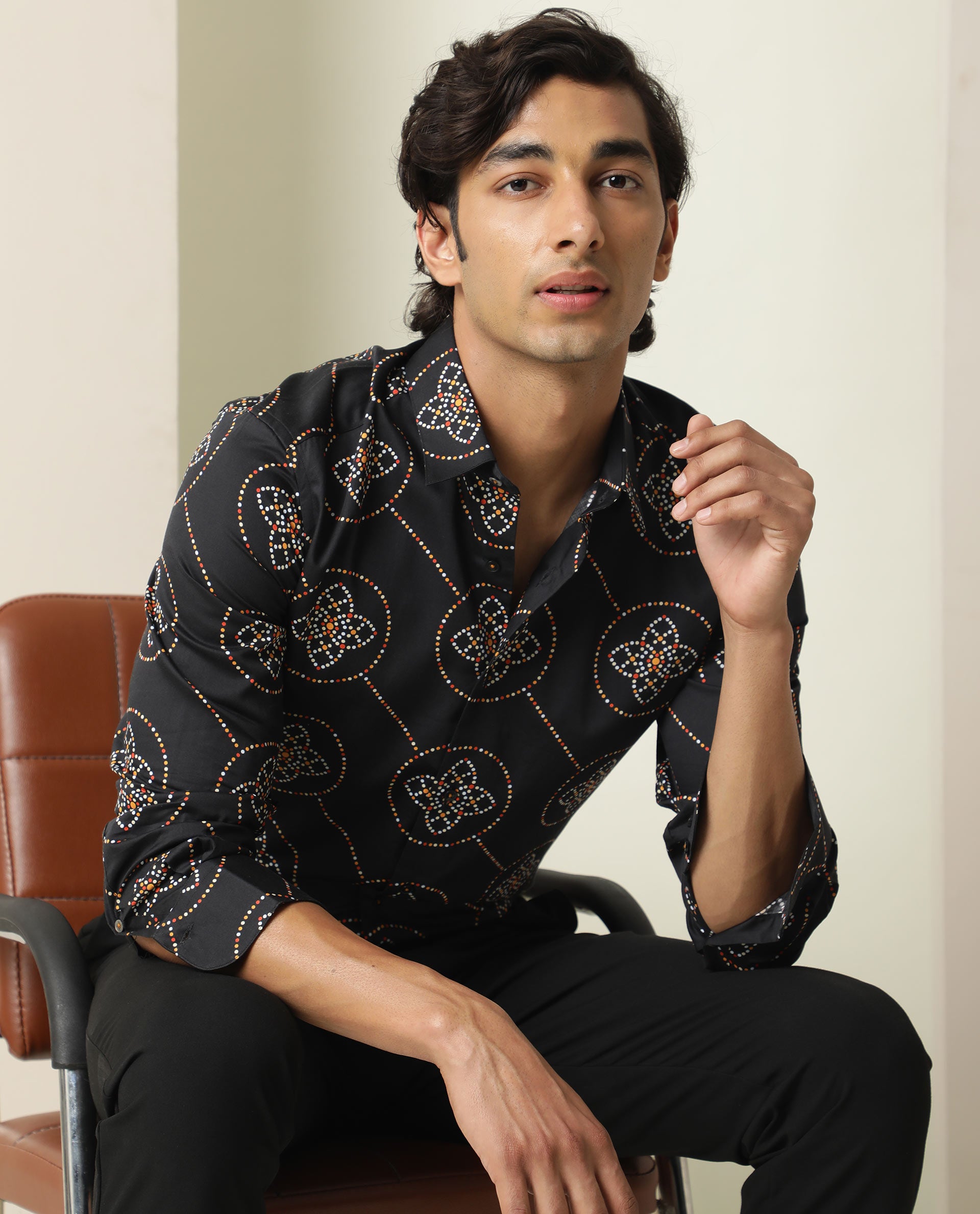 Rare Rabbit Men's Remus Black Cotton Fabric Geometric Print Full Sleeves Shirt