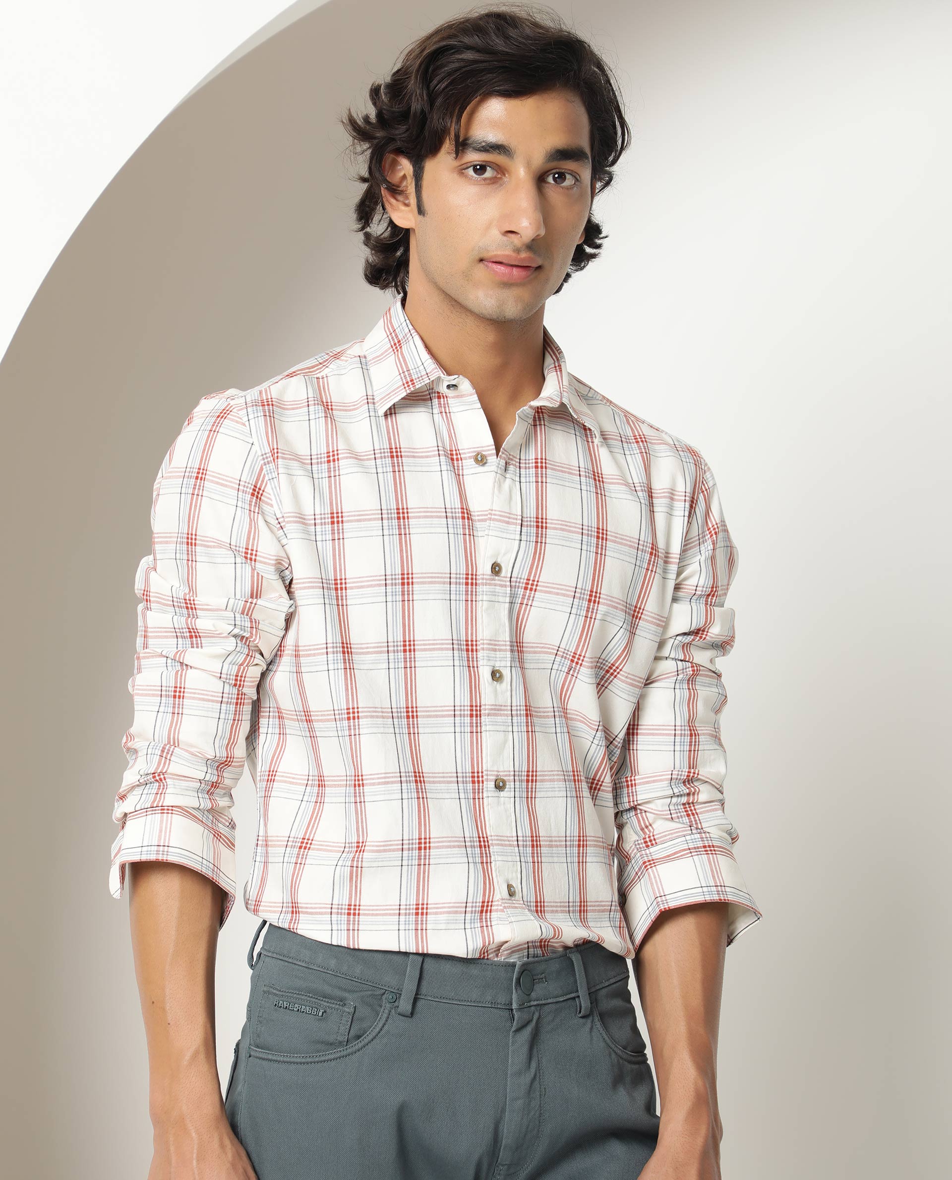 Rare Rabbit Men's Fernie Mustard Orange Fabric Full Sleeves Checks Shirt