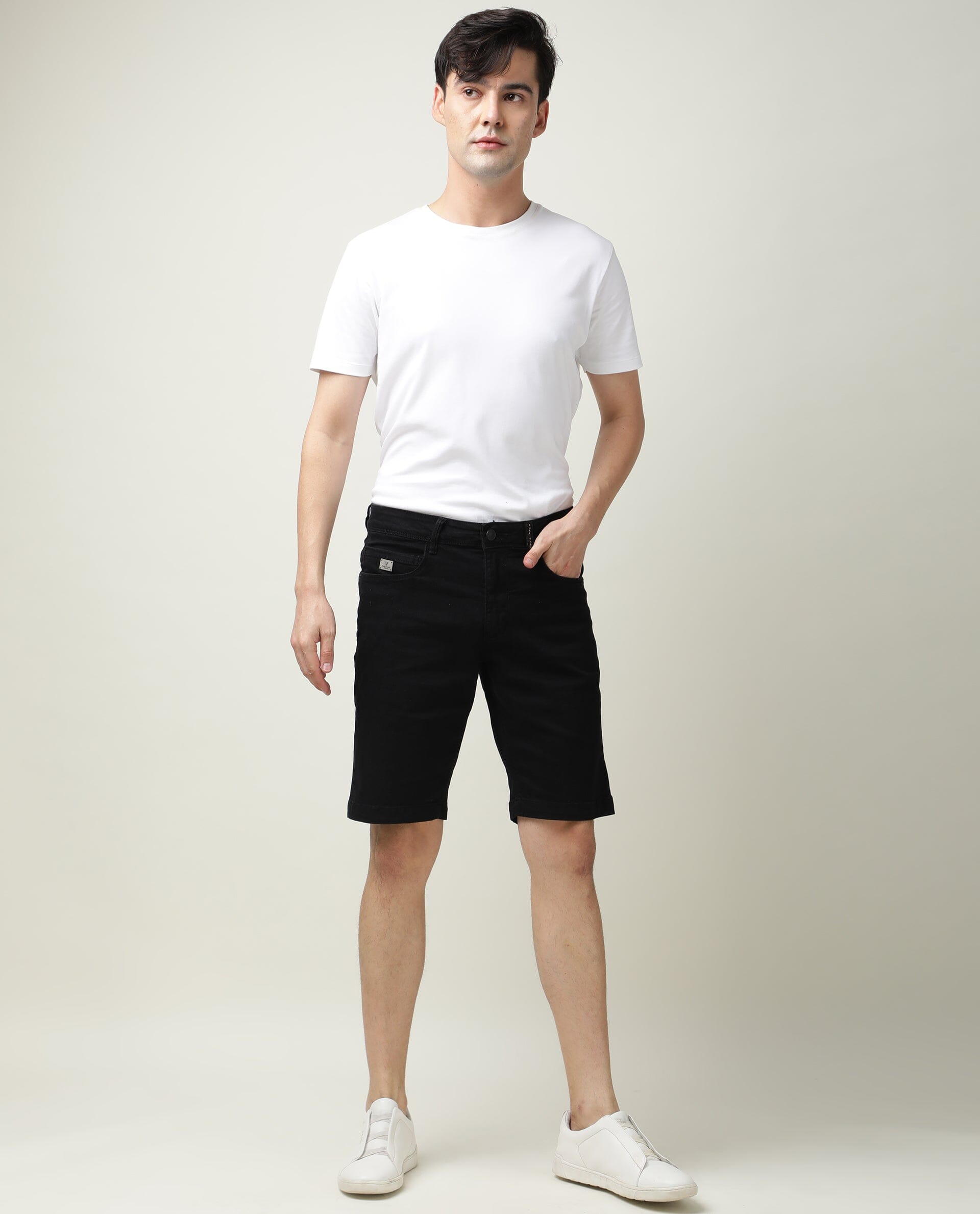 Rare Rabbit Mens Switch Black Slim Fit Mid Rise Knee Length Solid Shorts