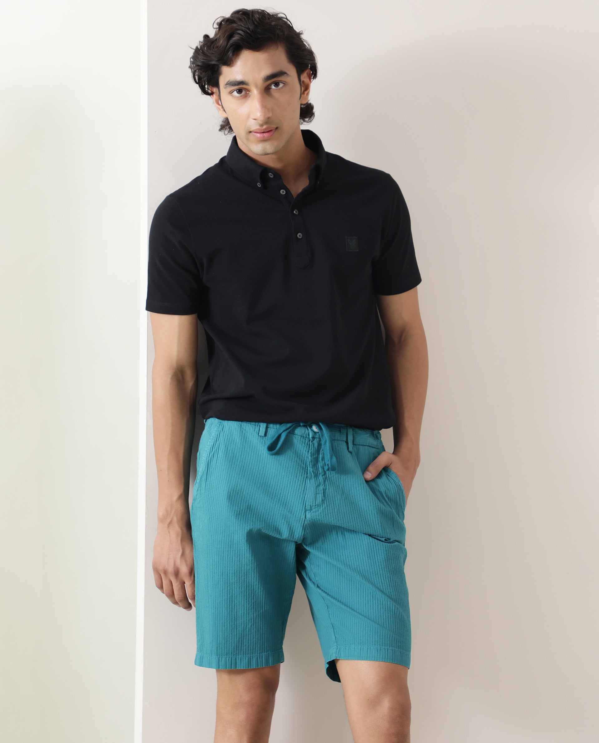 Rare Rabbit Men'S Monty Green Shorts Cotton Fabric Drawstring Mid Rise