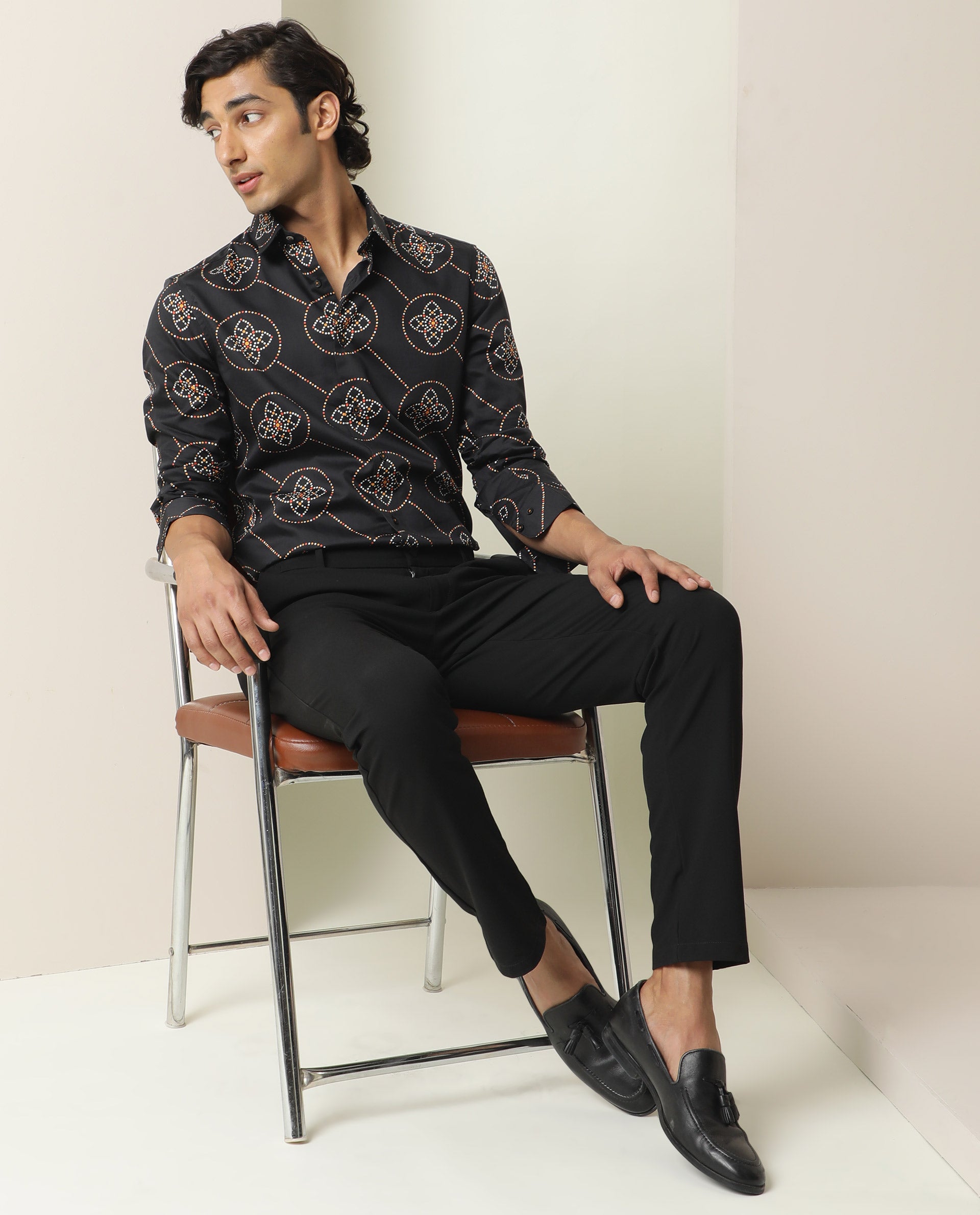 Rare Rabbit Men's Remus Black Cotton Fabric Geometric Print Full Sleeves Shirt