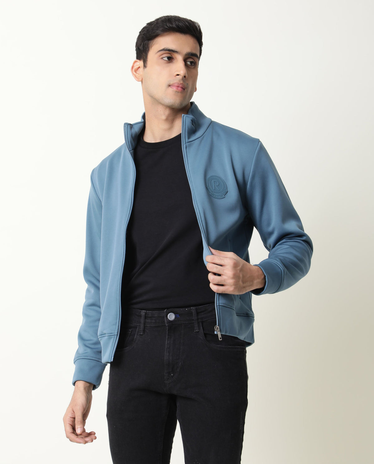 Rare Rabbit Mens Bond Blue Jacket Polyester Fabric Slim Fit Collar Collar Full Sleeve