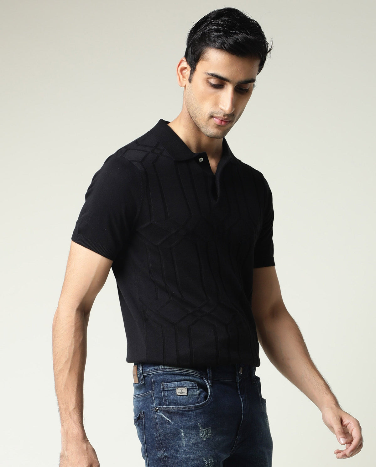 RARE RABBIT MEN'S LINK BLACK POLO COTTON FABRIC COLLARED NECK HALF SLEEVES BUTTON CLOSURE SLIM FIT