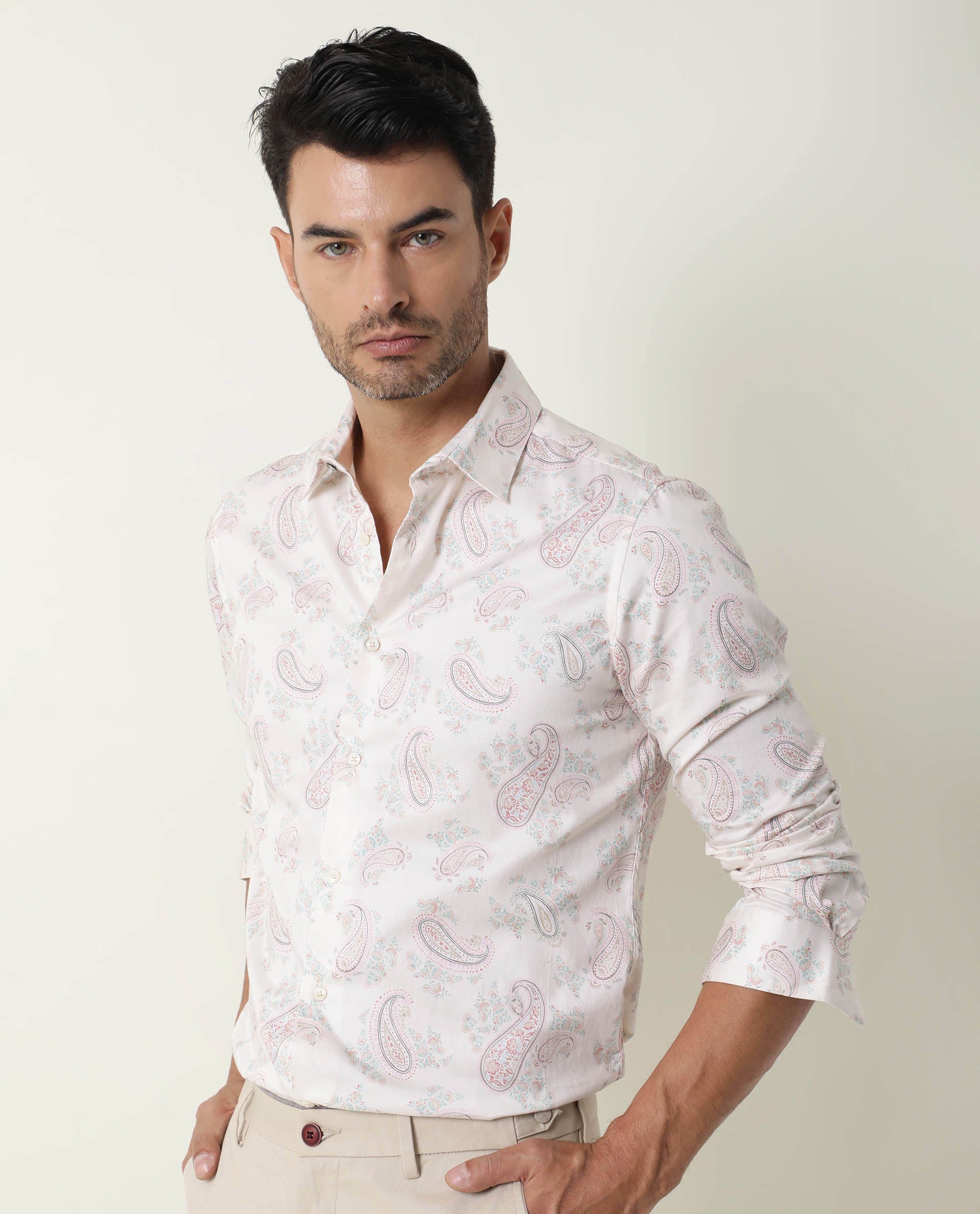 Rare Rabbit Men's Aldy Beige Viscose Fabric Paisley Print Full Sleeves Shirt