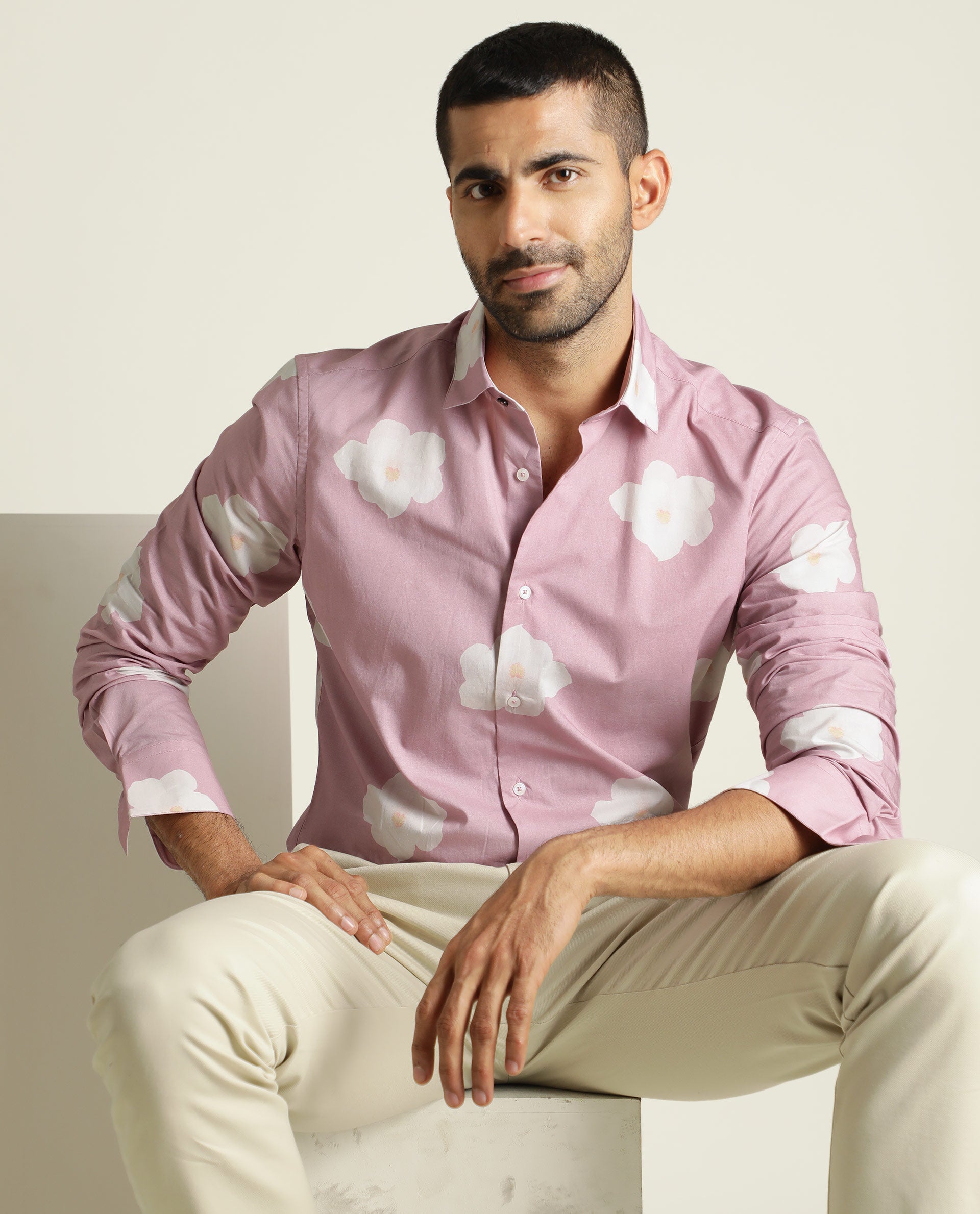 Rare Rabbit Men's Cromer Light Purple Cotton Fabric Floral Print Full Sleeves Shirt