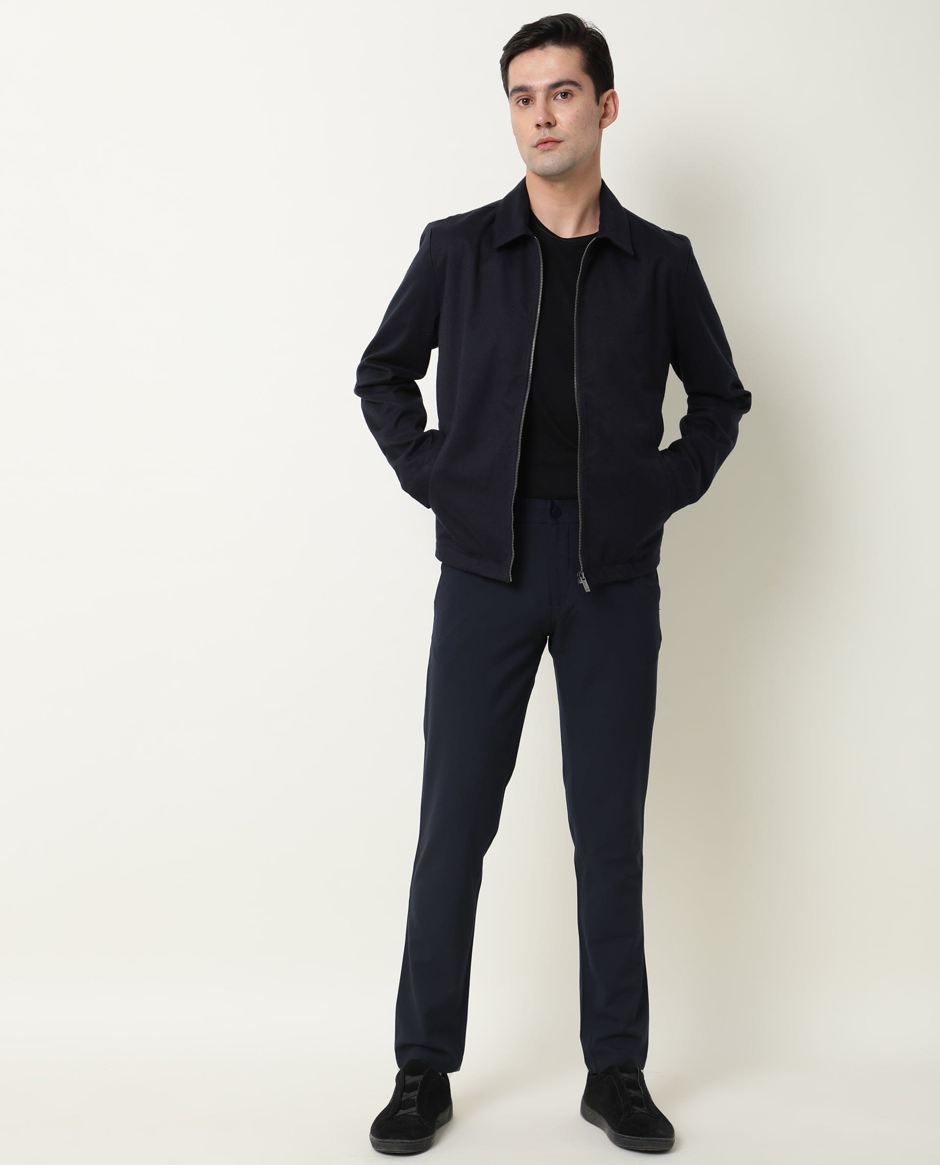 RARE RABBIT MEN'S MILKEN NAVY JACKET COTTON VISCOSE FABRIC COLLARED NECK FULL SLEEVES ZIPPER CLOSURE SLIM FIT