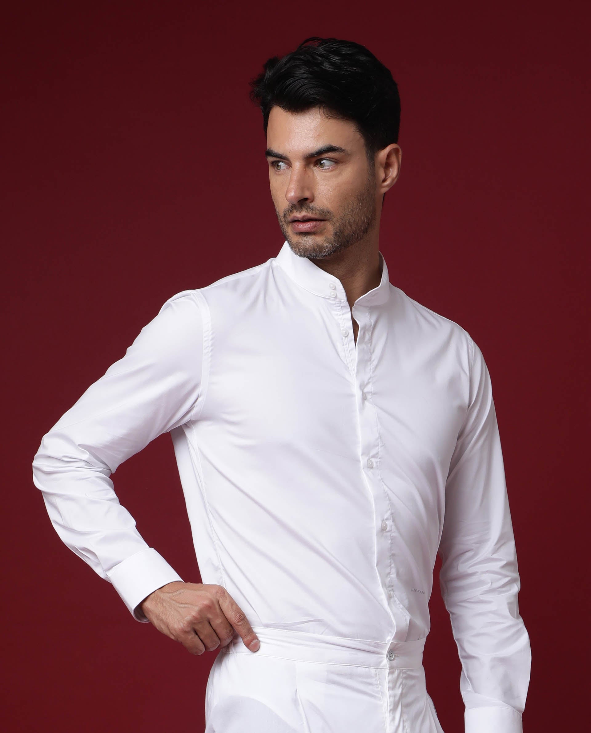 Rare Rabbit Men's Cox White Cotton Polyester Fabric High Neck Manadrin Collar Full Sleeves Solid Shirt