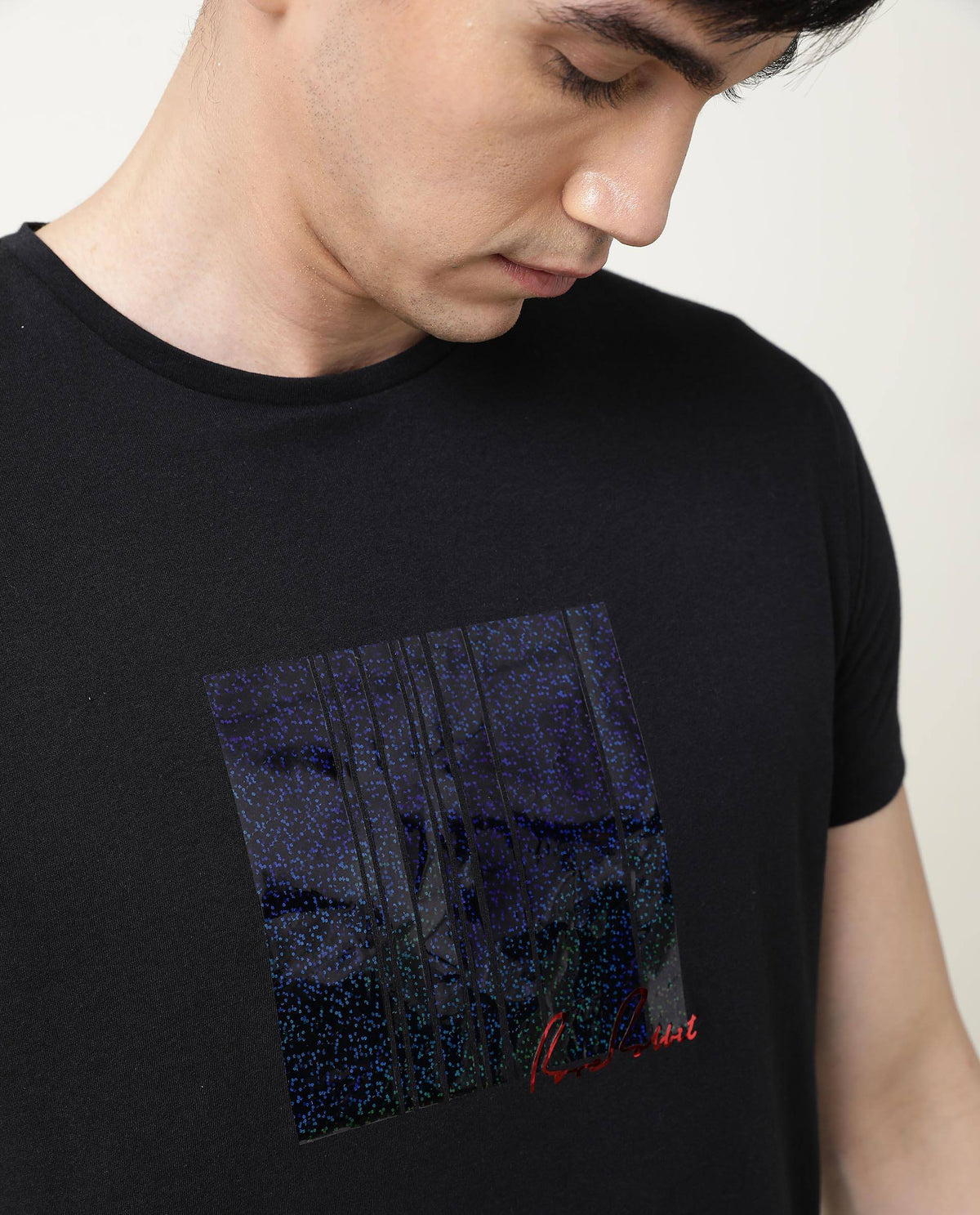 Rare Rabbit Spal Primary Black Crew Neck Graphic Printed Half Sleeves Slim Fit T-Shirt