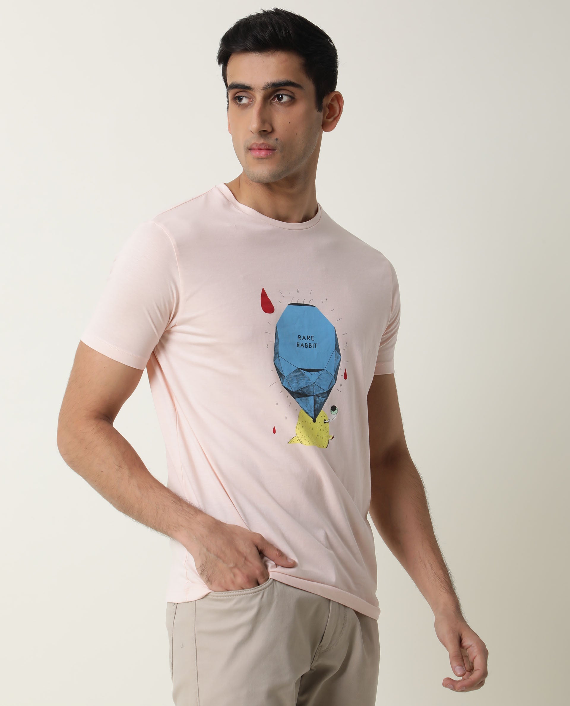 Rare Rabbit Men's Dunnii Pink T-Shirt Cotton Fabric Slim Fit Crew Neck Half Sleeves