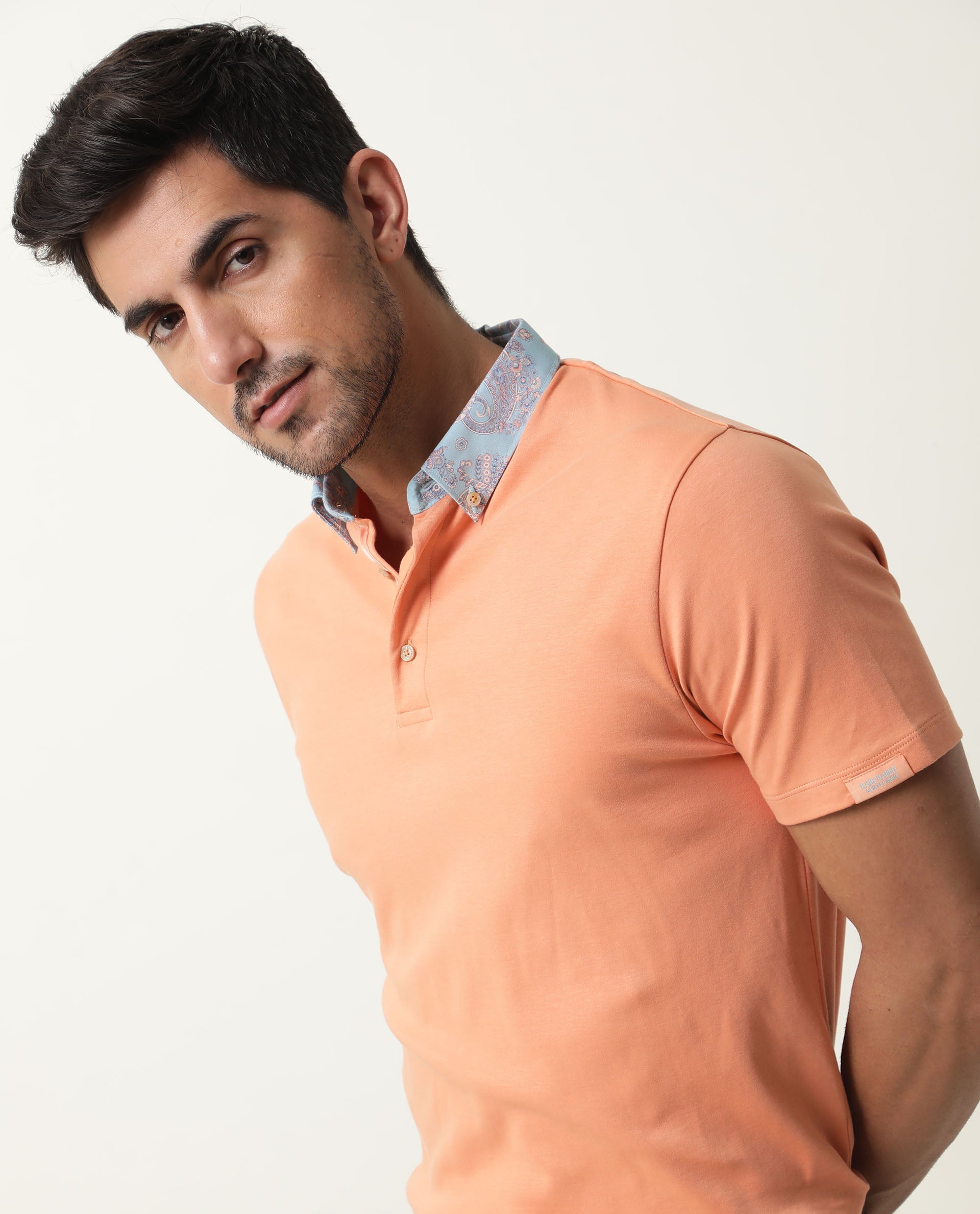 Rare Rabbit Men's Ringer Peach Cotton Fabric Printed Collar Neck Half Sleeves Polo T-Shirt