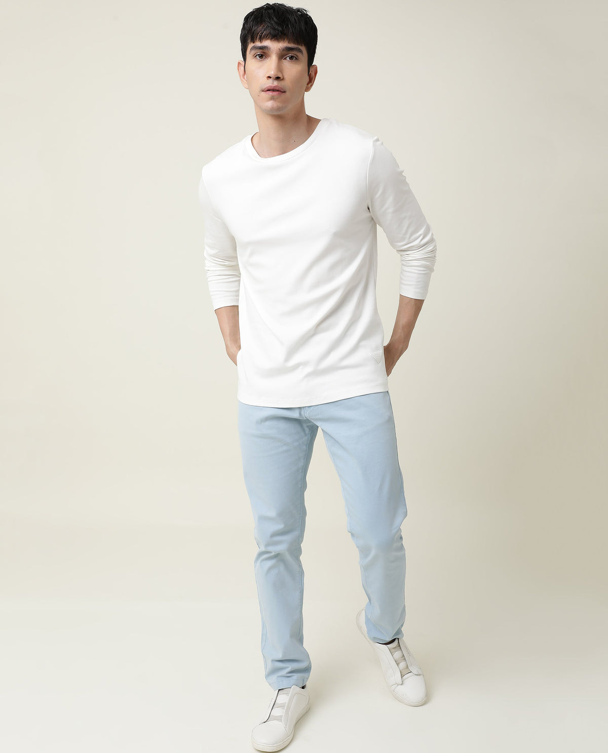 Rare Rabbit Men's Full Off-White Solid Crew Neck Full Sleeve Slim Fit T-Shirt