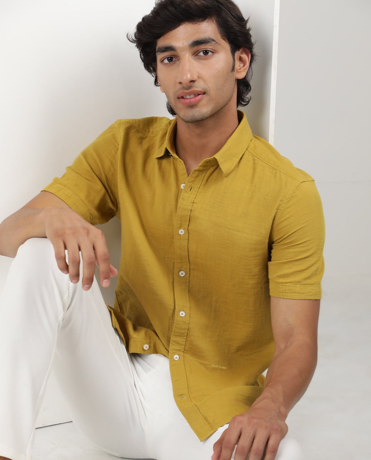 Rare Rabbit Men's Lay Yellow Cotton Fabric Half Sleeves Solid Shirt