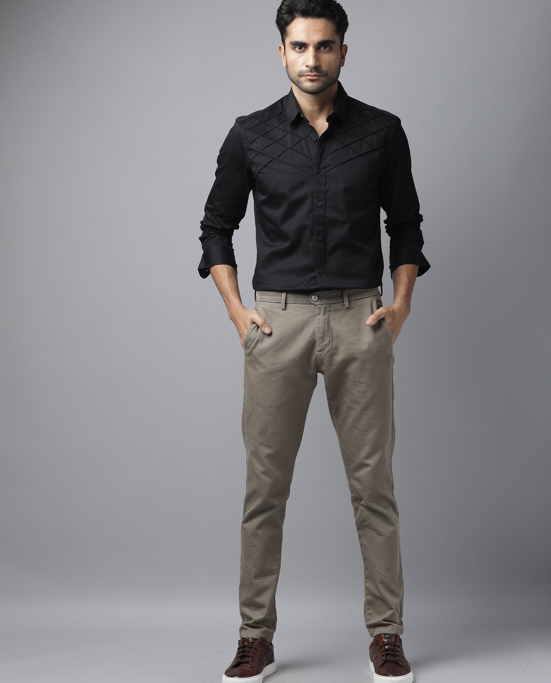 Rare Rabbit Men's Hero Black Cotton Fabric Full Sleeves Regular Fit Pleated Textured Shirt