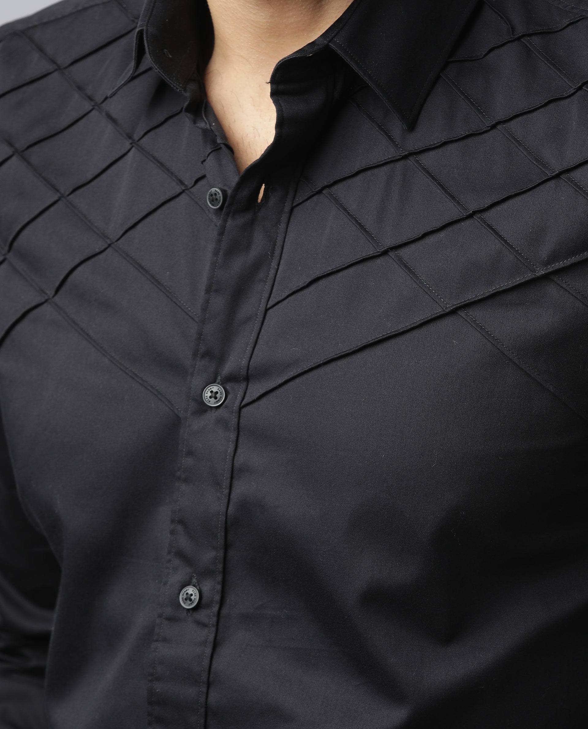 Rare Rabbit Men's Hero Black Cotton Fabric Full Sleeves Regular Fit Pleated Textured Shirt